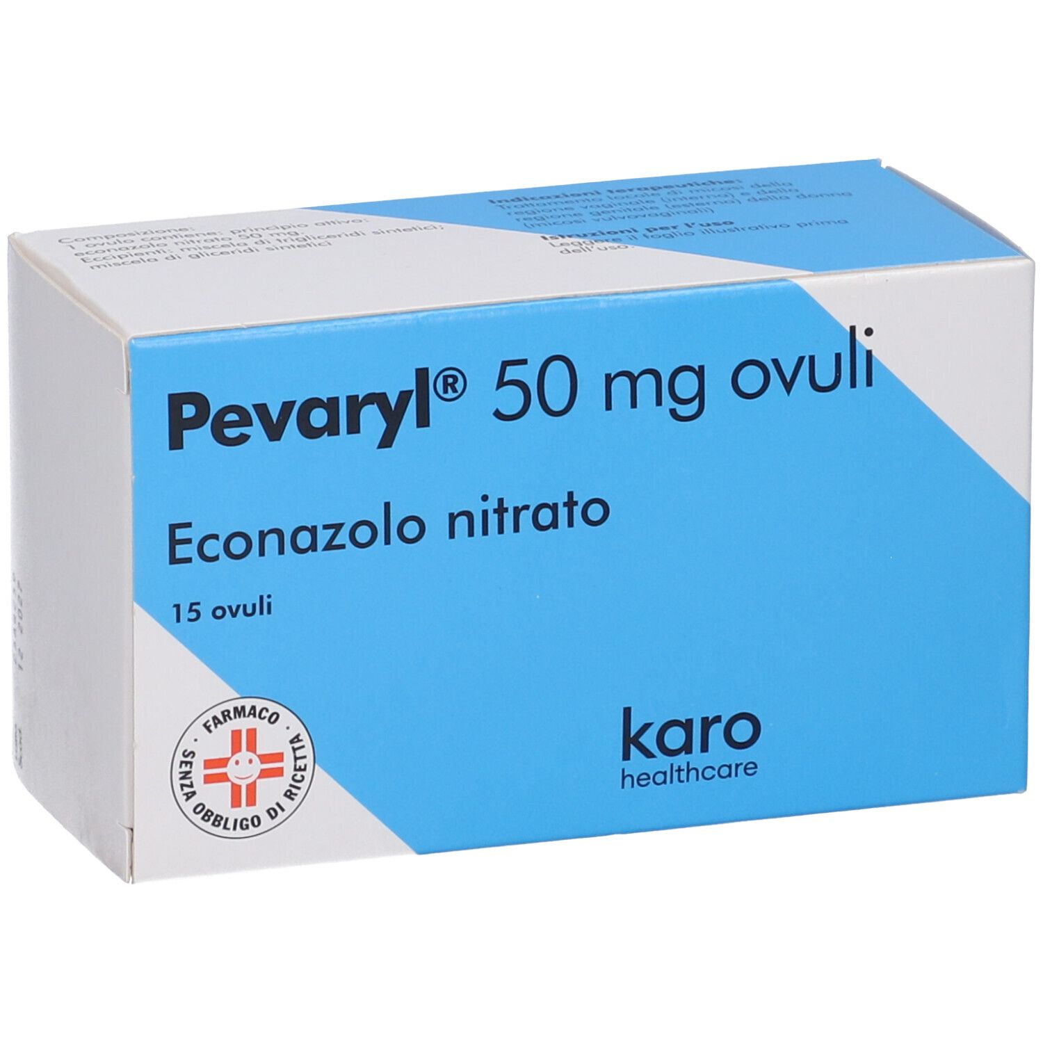 Scatola blu e bianca Pevaryl 50 mg ovuli. 15 ovuli. Logo Karo healthcare.