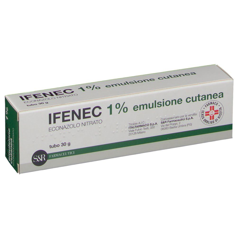 Scatola di IFENEC 1% emulsione cutanea. Bianca con dettagli verdi. Testo: IFENEC, 1%, emulsione, econazolo nitrato. Logo e testo in italiano.