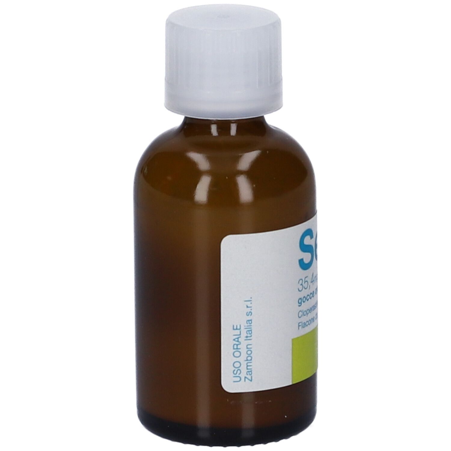 Flacone di vetro marrone con tappo bianco. Etichetta con Seki 35,4 mg/ml. Informazioni produttore e logo Zambon.