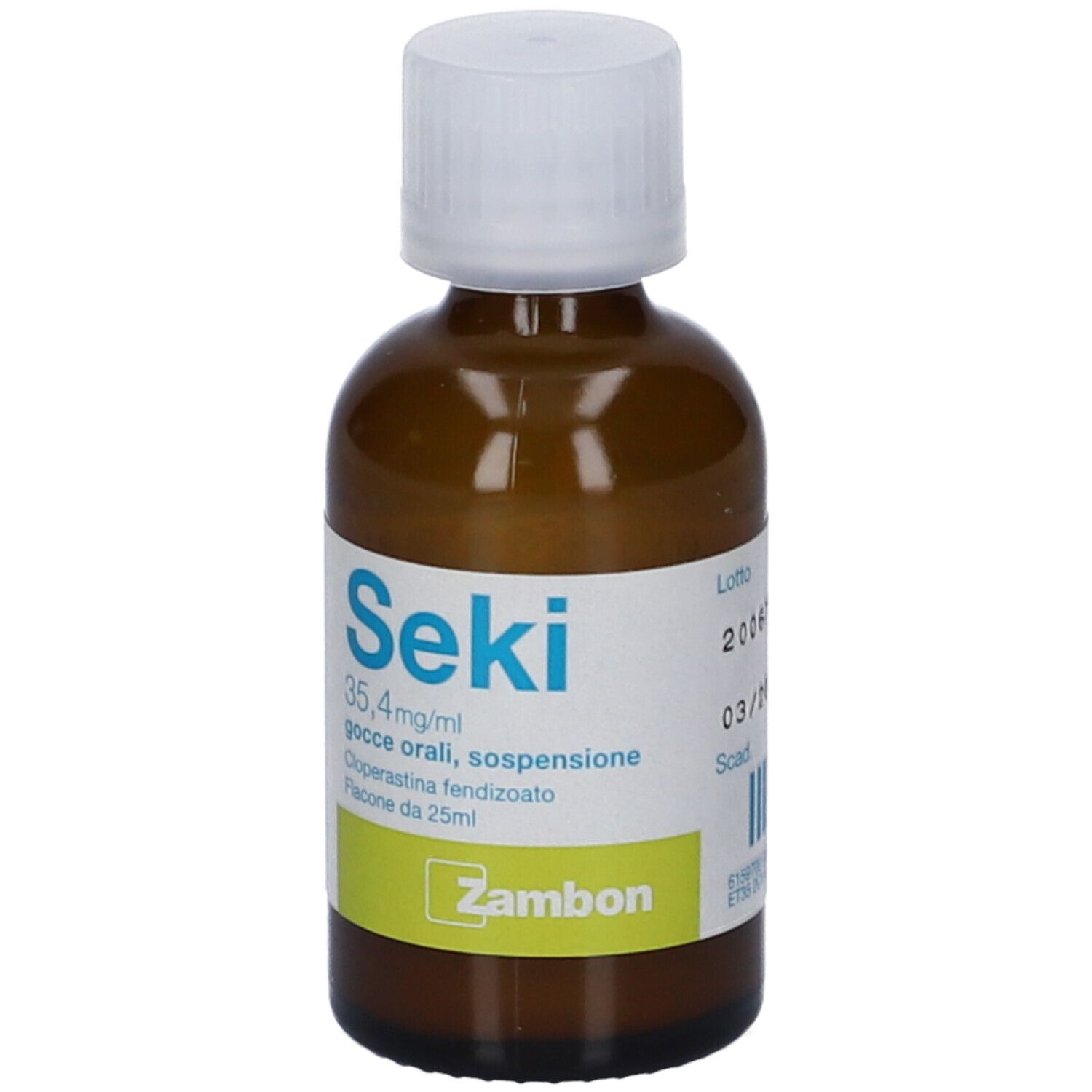 Flacone di vetro marrone con tappo bianco. Etichetta con Seki 35,4 mg/ml. Logo Zambon e data di scadenza.
