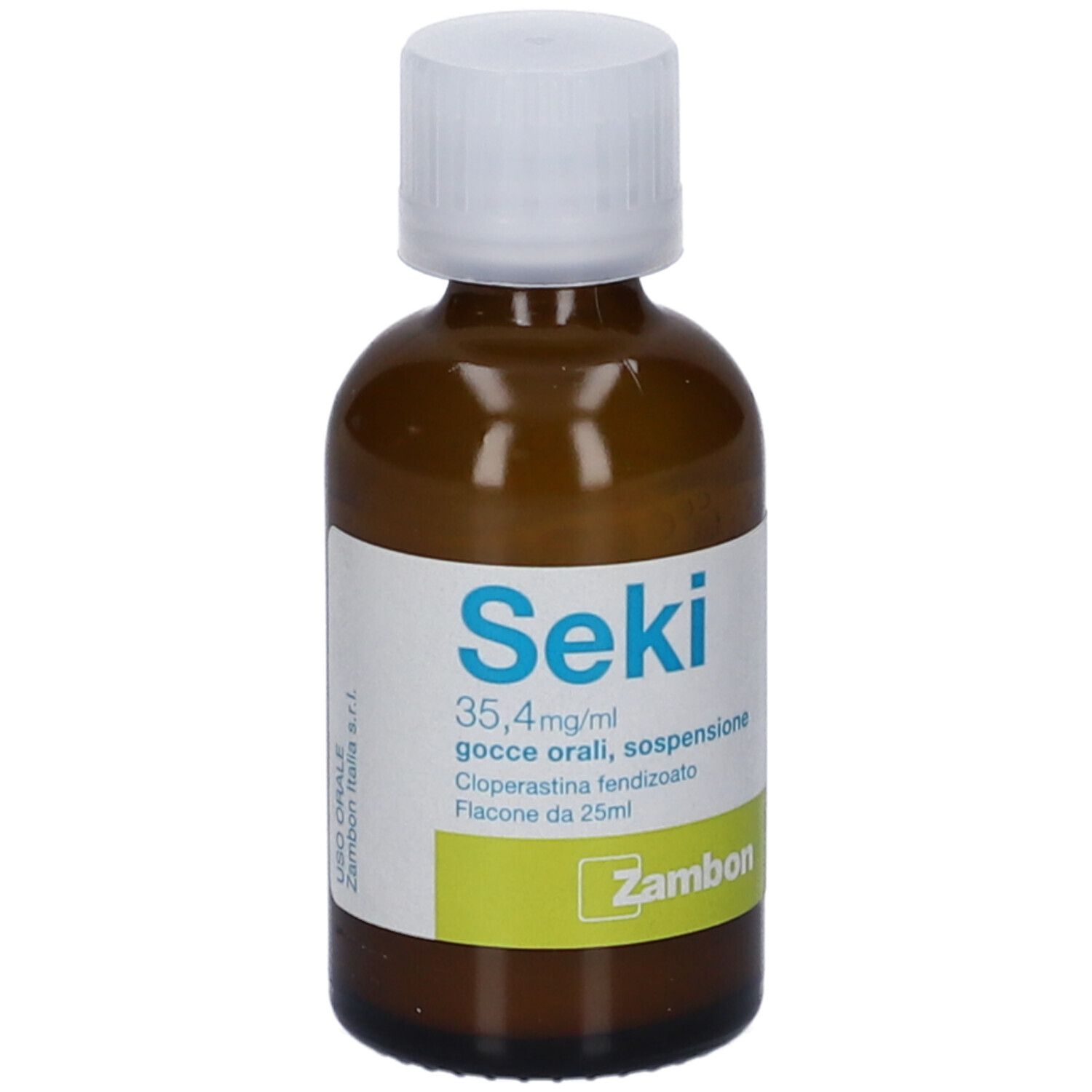 Flacone di vetro marrone con tappo bianco. Etichetta con Seki 35,4 mg/ml. Logo del produttore Zambon.