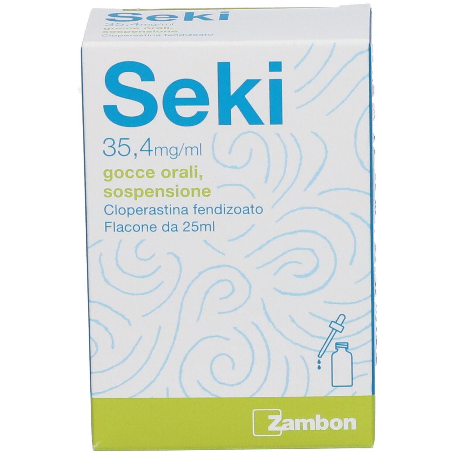 Scatola di Seki 35,4 mg/ml. Contiene un flacone e una pipetta. Confezione bianca e blu.