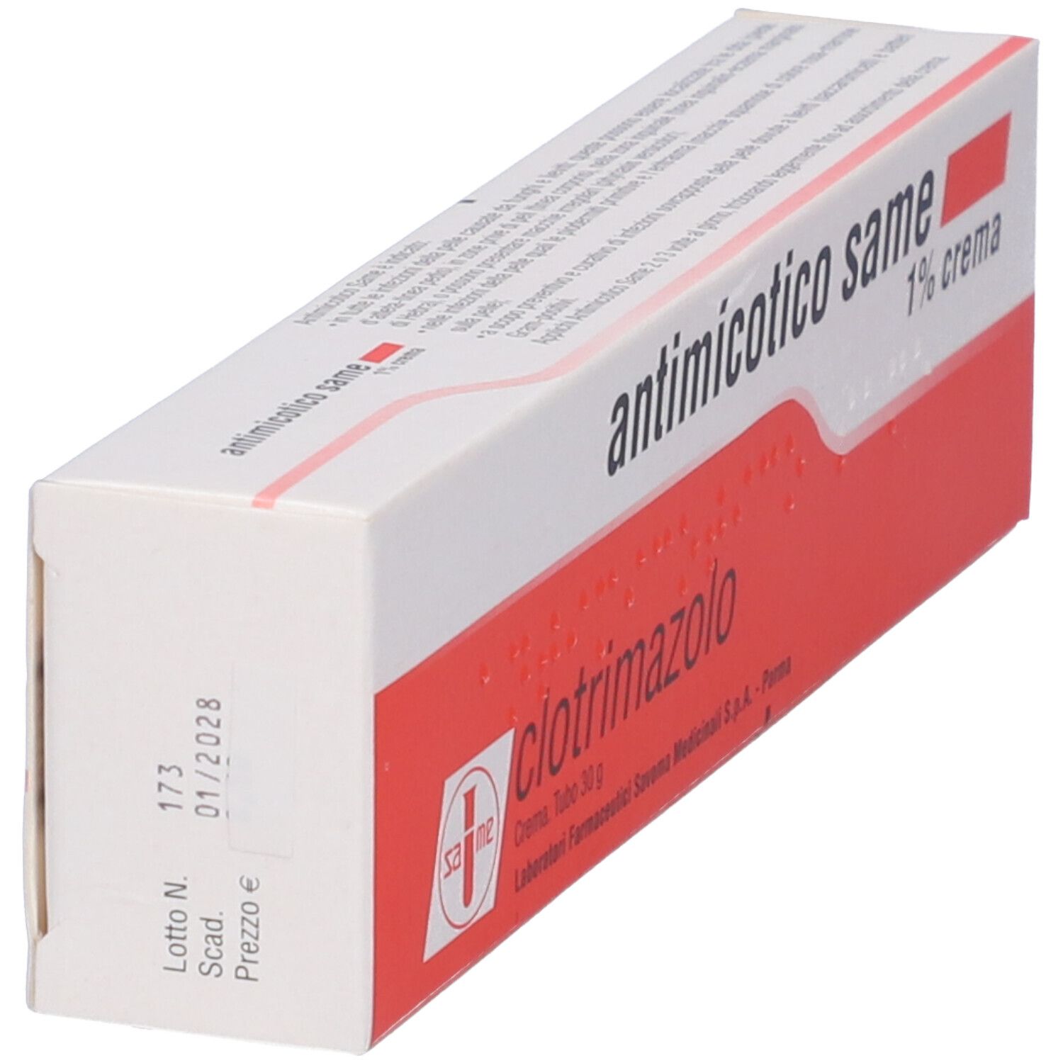 Scatola di antimicotico same 1% crema. Colori rosso e bianco. Testo: clotrimazolo.