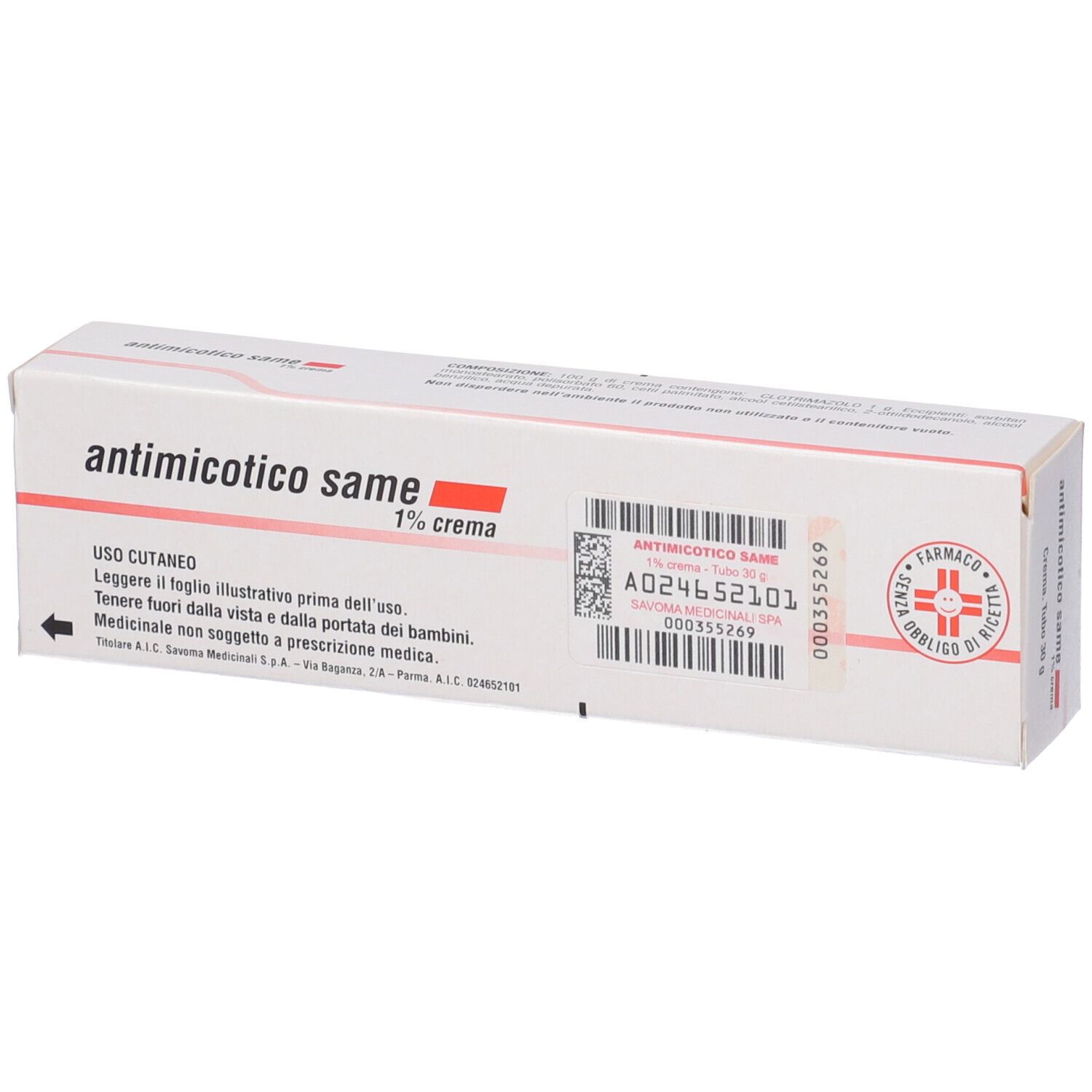 Scatola di antimicotico same 1% crema. Retro. Testo e codice a barre.