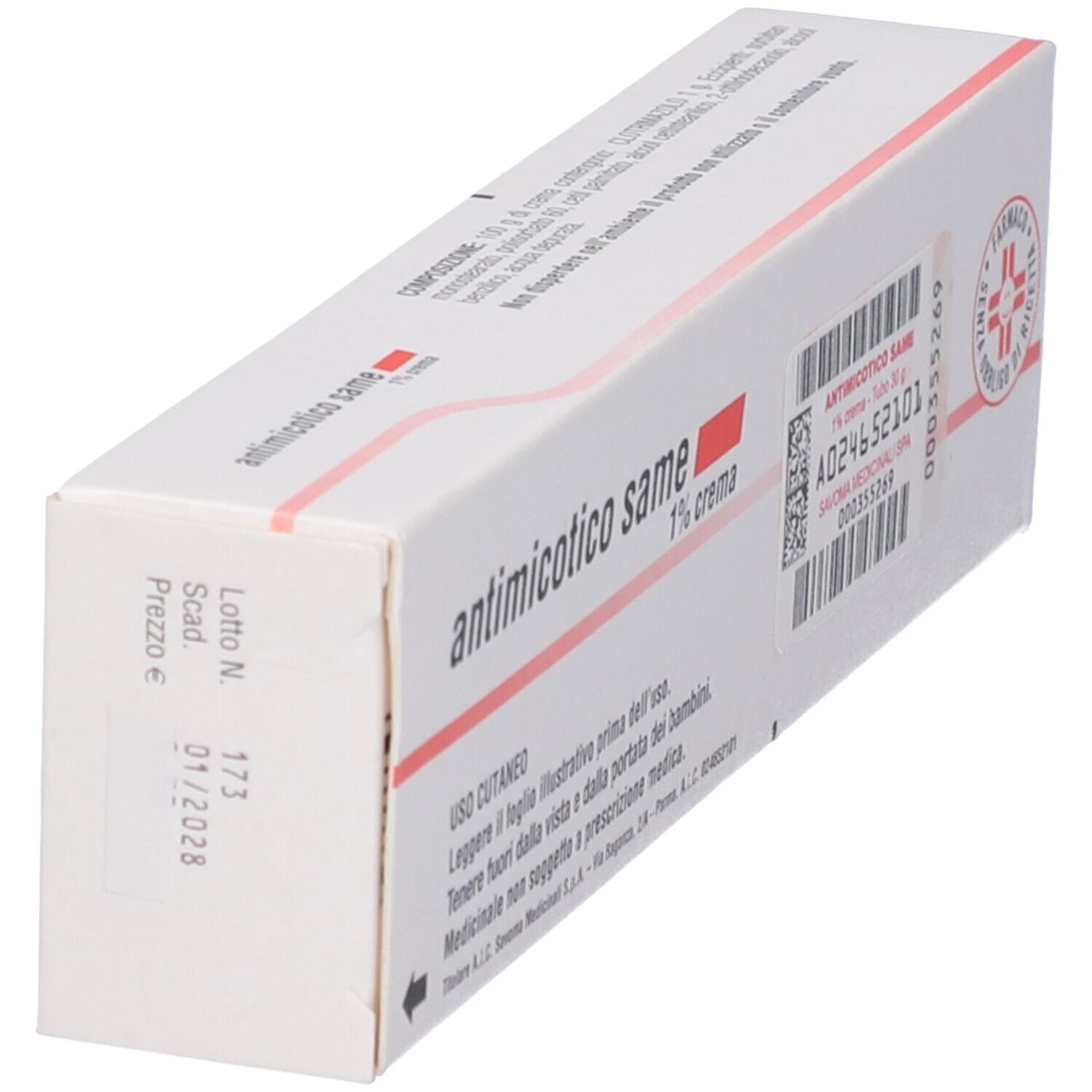 Scatola di antimicotico same 1% crema. Retro. Testo e codice a barre.