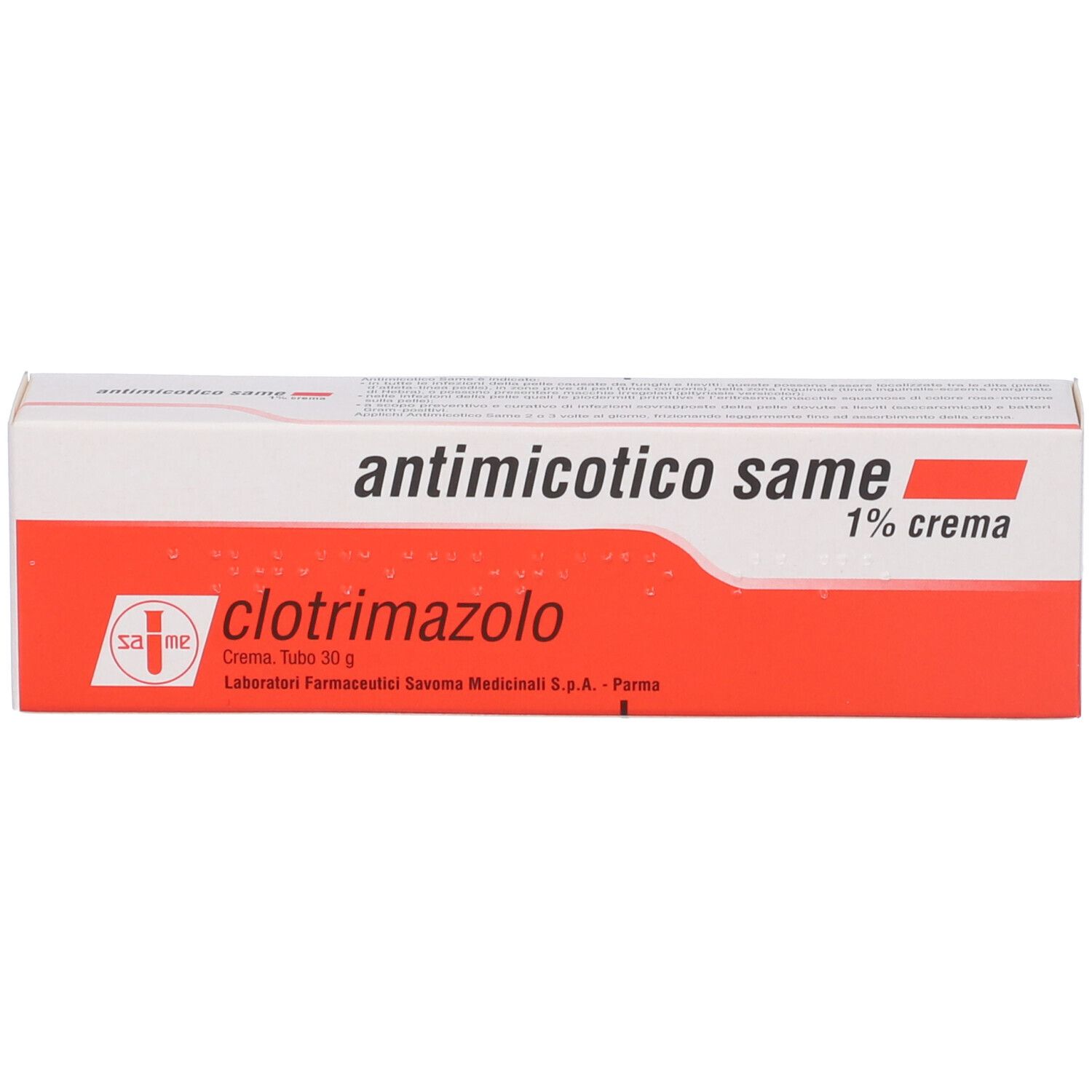 Scatola di antimicotico same 1% crema. Colori rosso e bianco. Testo: clotrimazolo.