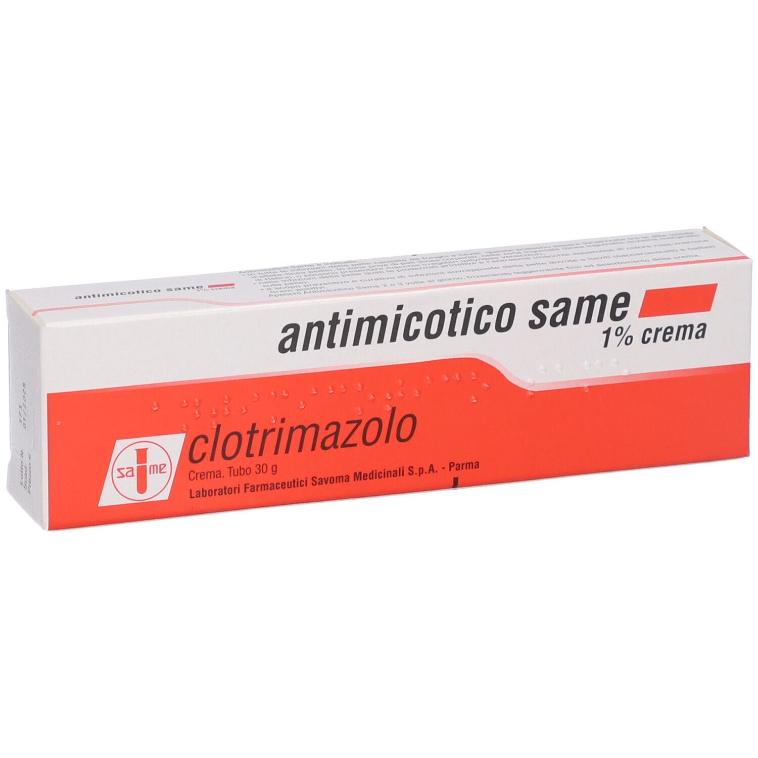 Scatola di antimicotico same 1% crema. Colori rosso e bianco. Testo: clotrimazolo.