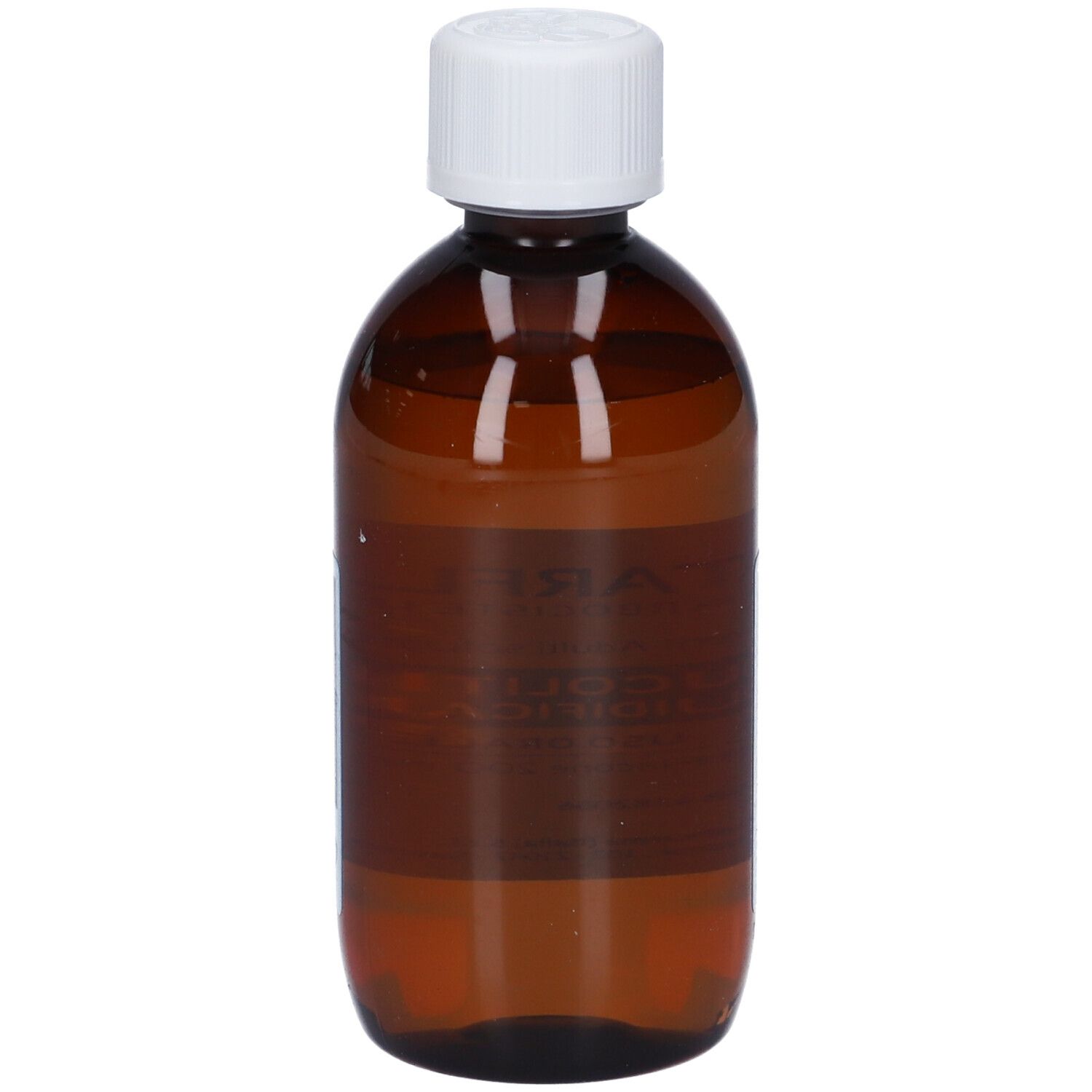 Flacone di vetro marrone con tappo bianco. Etichetta con informazioni sul prodotto. Liquido visibile.