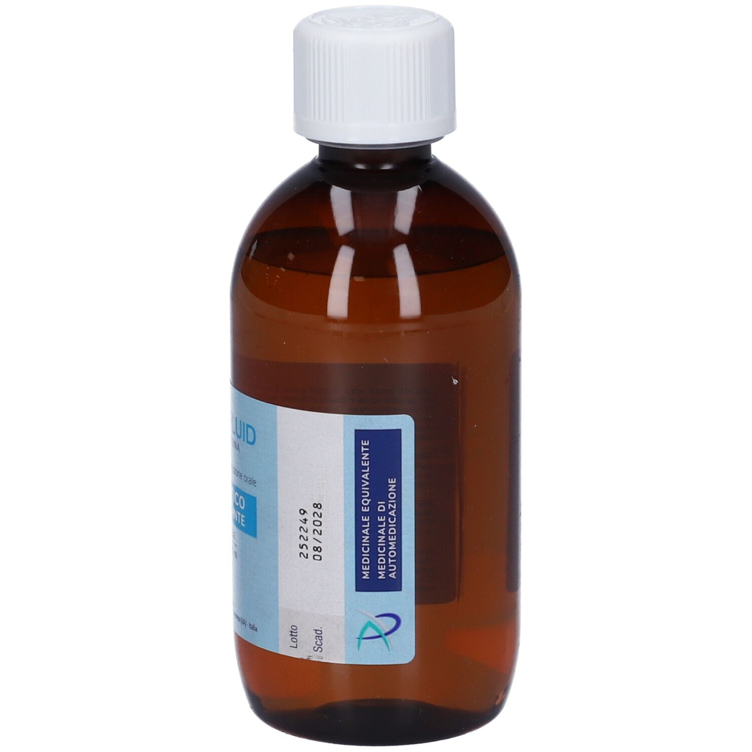 Flacone di vetro marrone con tappo bianco. Etichetta con informazioni sul prodotto. Liquido visibile.