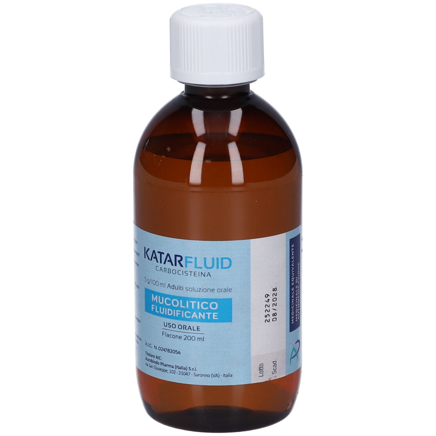 Flacone di vetro marrone con tappo bianco. Etichetta con informazioni sul prodotto. Liquido visibile.