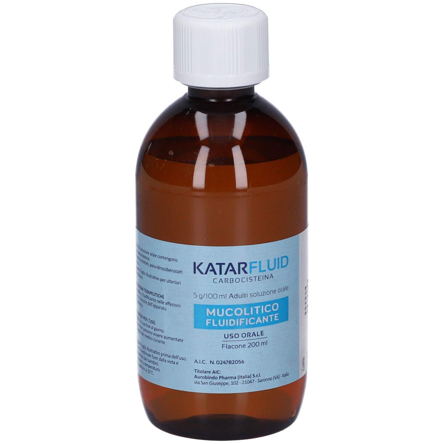 Flacone di vetro marrone con tappo bianco. Etichetta con informazioni sul prodotto. Liquido visibile.