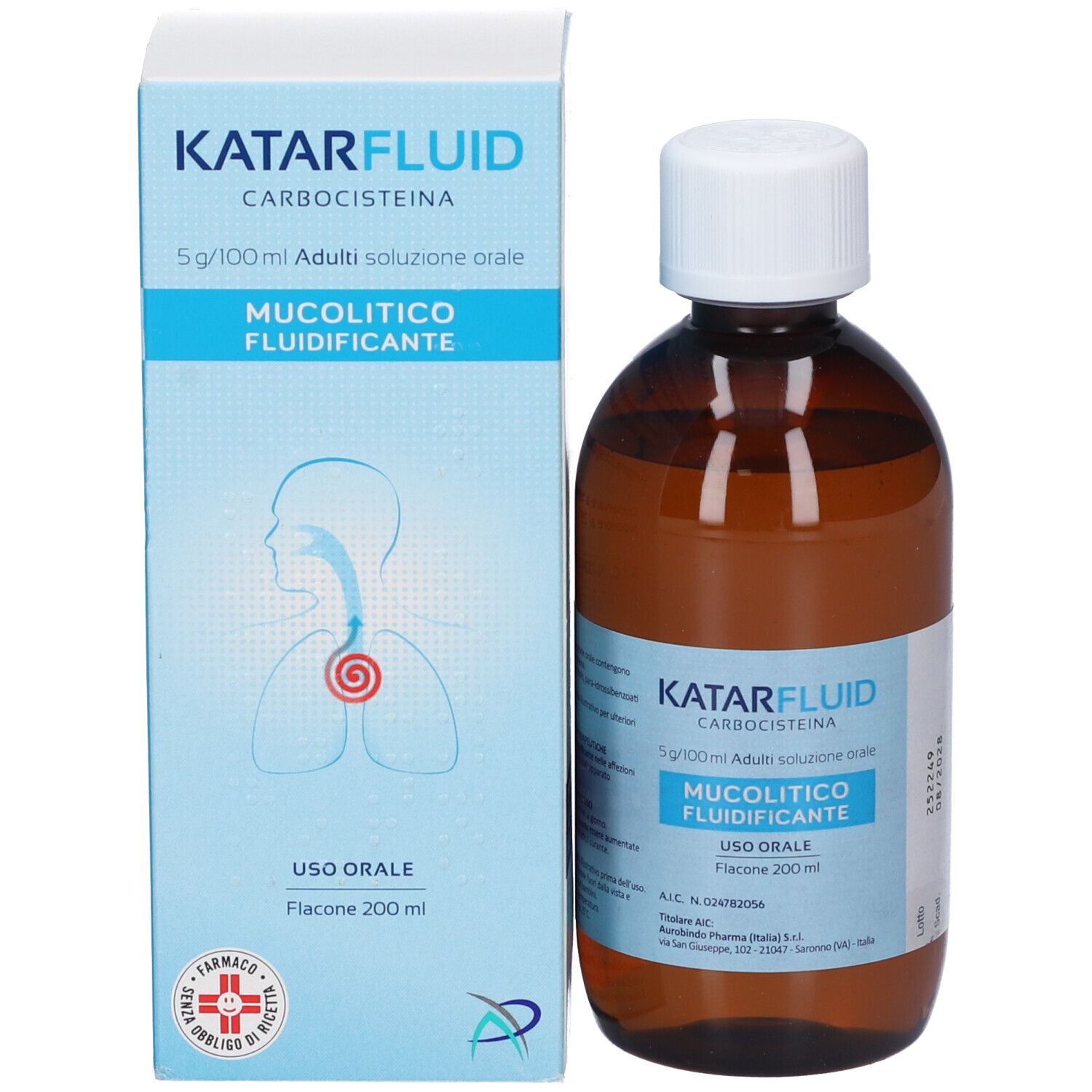 Flacone e scatola del prodotto. Flacone marrone con tappo bianco. Scatola blu e bianca con nome del prodotto.