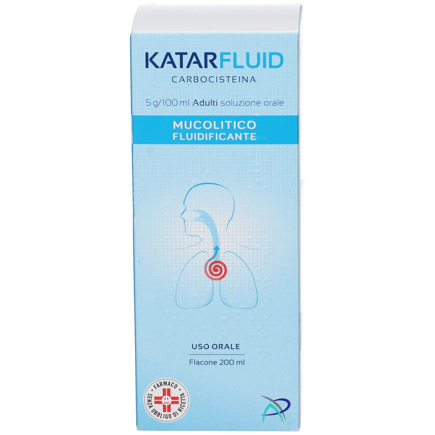 Scatola blu con nome del prodotto e informazioni. Illustrazione di un sistema respiratorio.