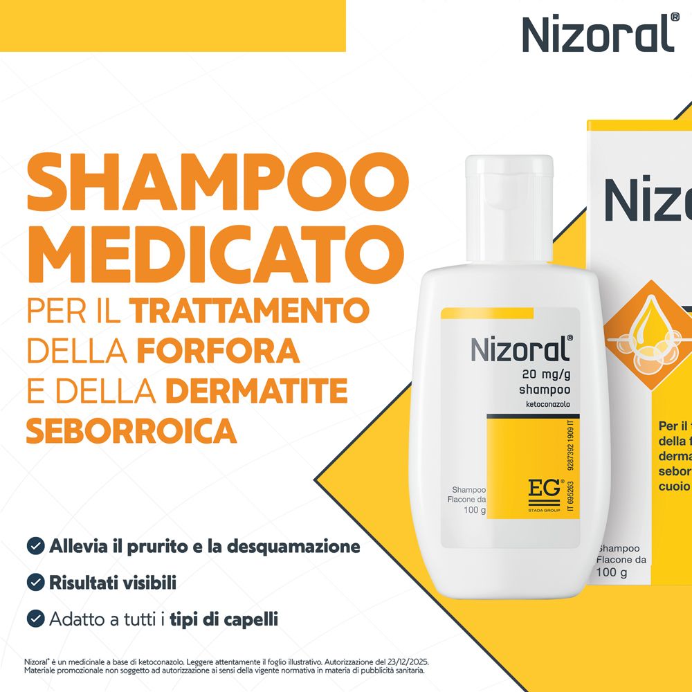 Flacone e scatola di Nizoral Shampoo 20 mg/g con testo.
