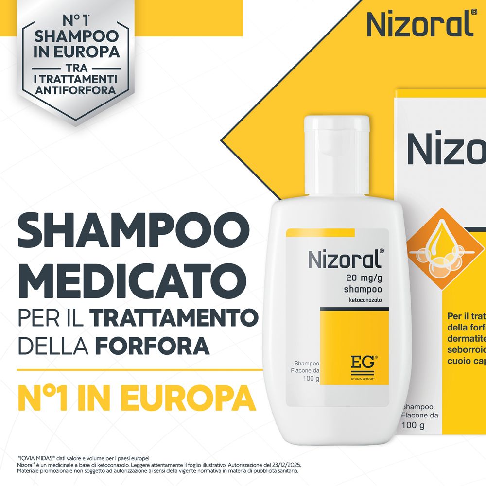 Flacone e scatola di Nizoral Shampoo 20 mg/g, "N°1 Shampoo in Europa".