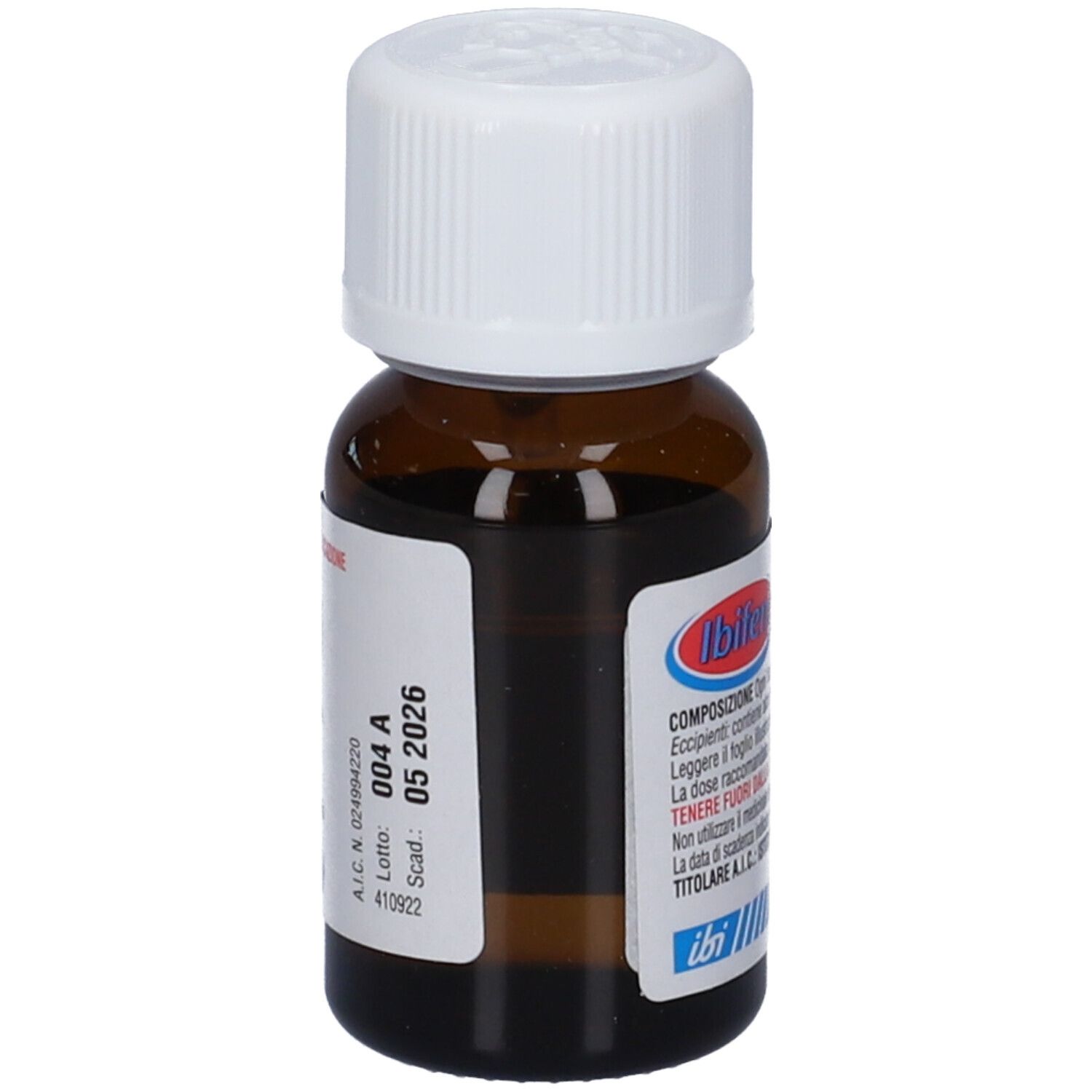 Flacone di vetro marrone con tappo bianco. Adesivo con informazioni e numero di lotto.