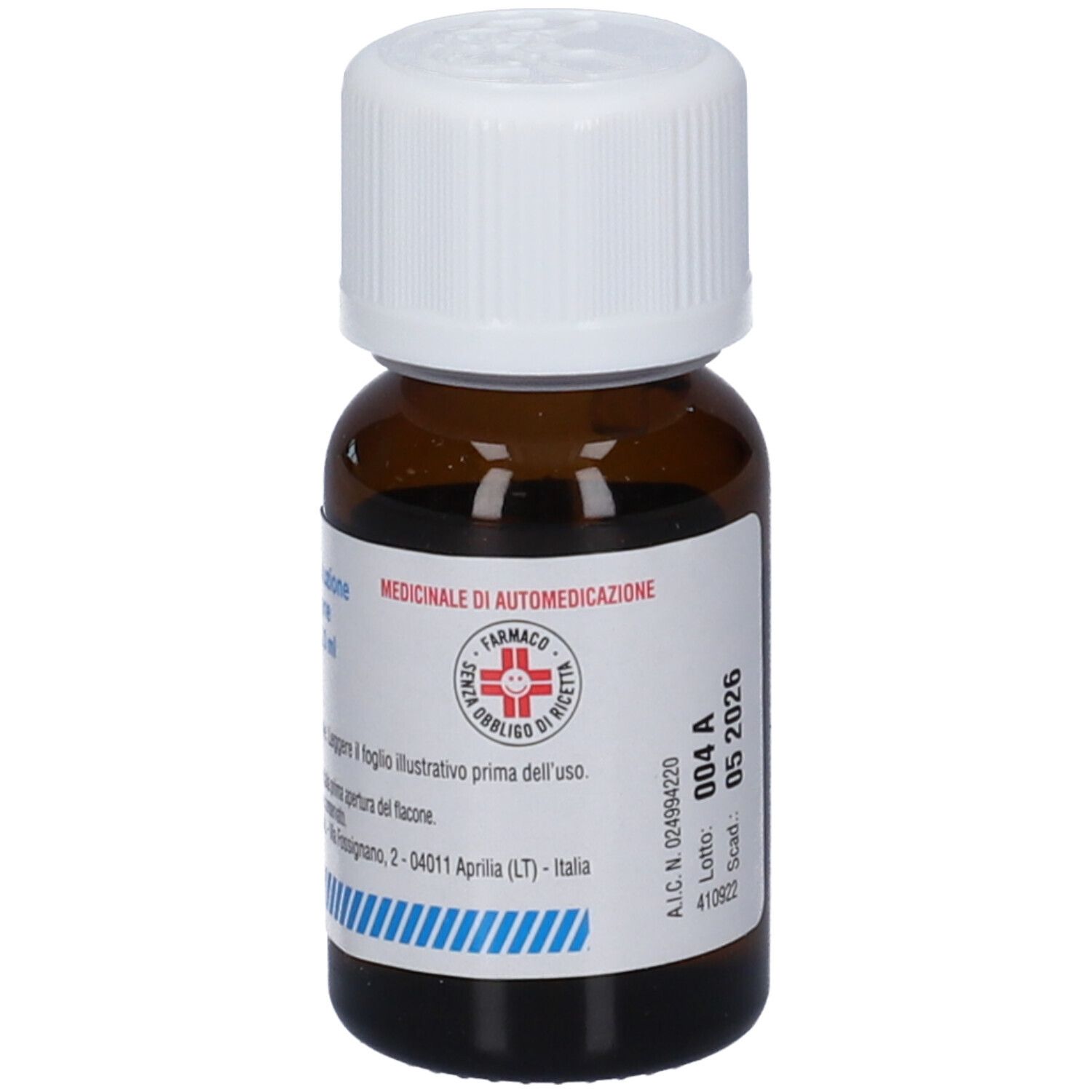 Flacone di vetro marrone con tappo bianco. Etichetta con informazioni e logo farmacia.