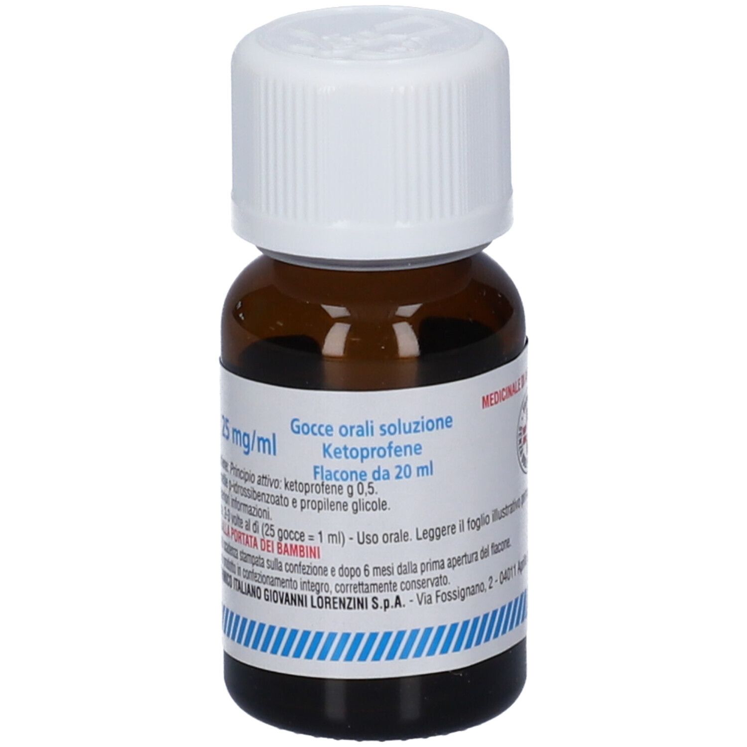 Flacone di vetro marrone con tappo bianco. Scritta: 25 mg/ml, Gocce orali soluzione Ketoprofene.