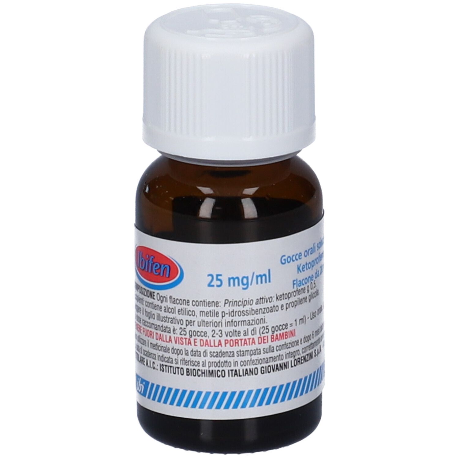 Flacone di vetro marrone con tappo bianco. Scritta: Ibifen 25 mg/ml, Gocce orali soluzione.
