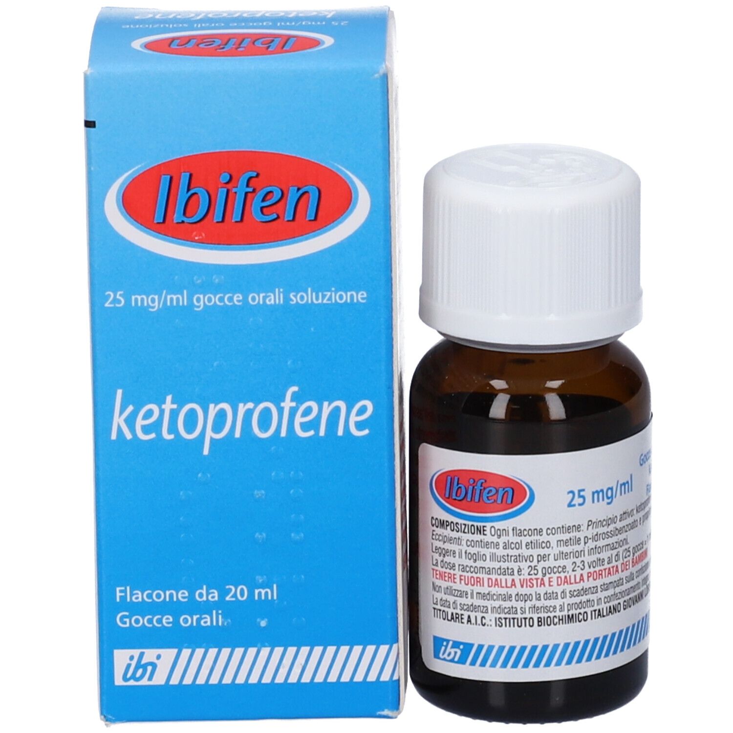 Scatola blu con tappo bianco. Scritta: Ibifen 25 mg/ml gocce orali soluzione, Ketoprofene.