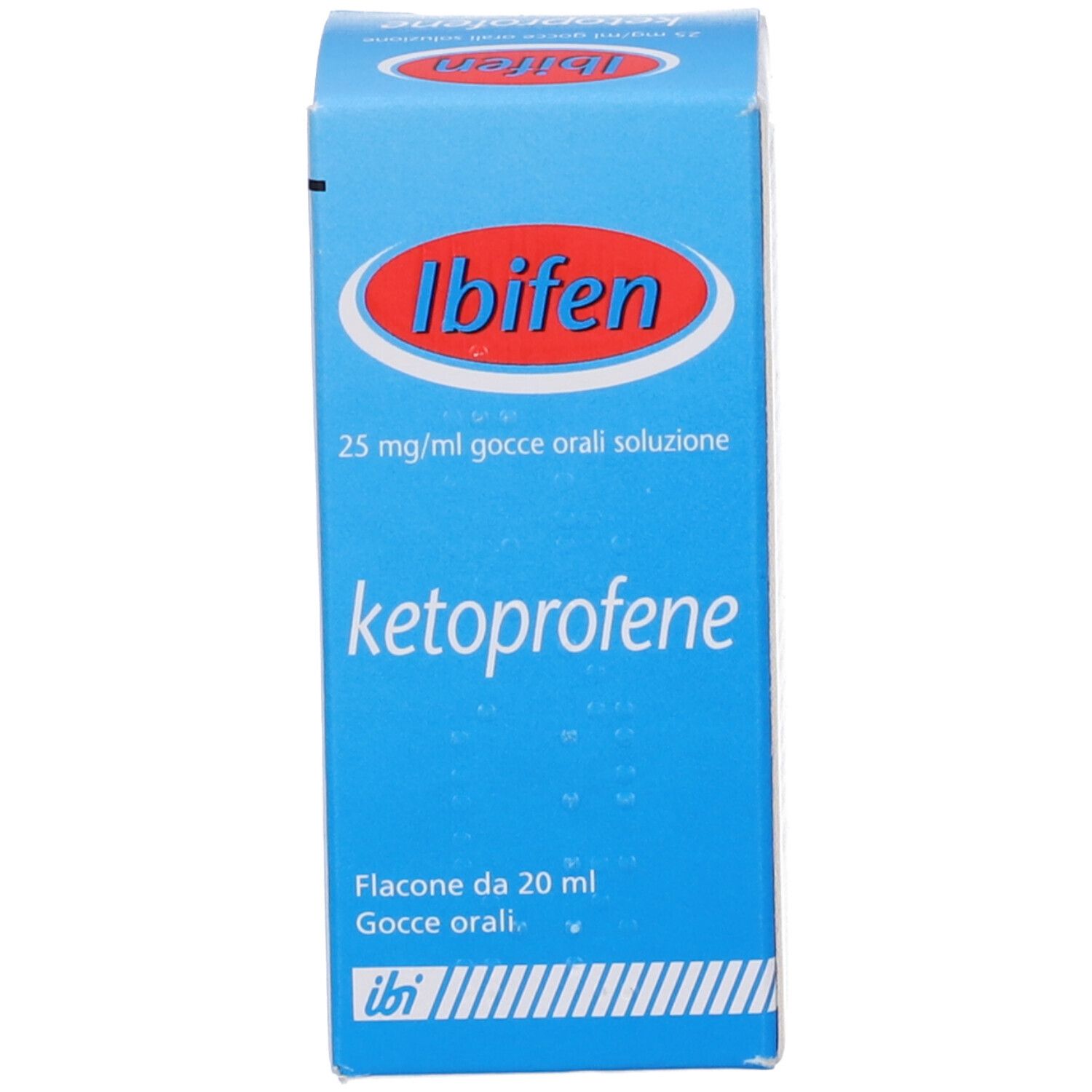 Scatola blu con tappo bianco. Scritta: Ibifen 25 mg/ml gocce orali soluzione, Ketoprofene.