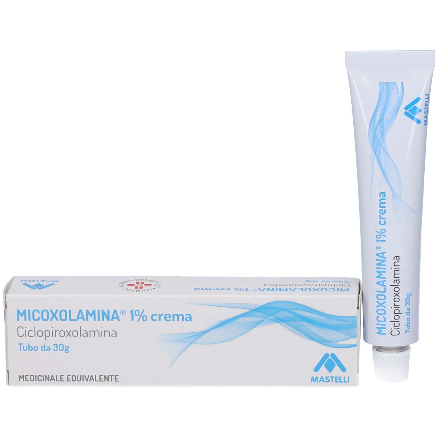 Tubo di crema e scatola. Entrambi bianchi con onde blu. Scritta: MICOXOLAMINA® 1% crema, Ciclopiroxolamina. Logo del produttore.