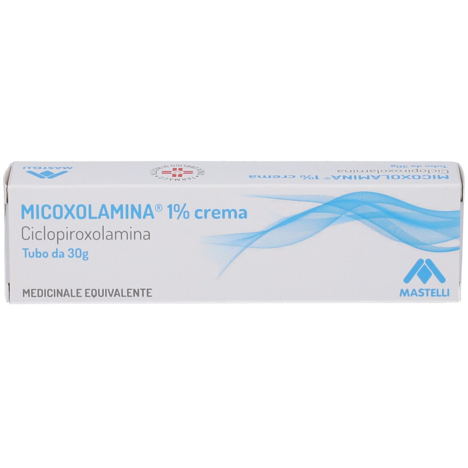 Scatola bianca con onde blu. Scritta: MICOXOLAMINA® 1% crema, Ciclopiroxolamina. Logo del produttore.