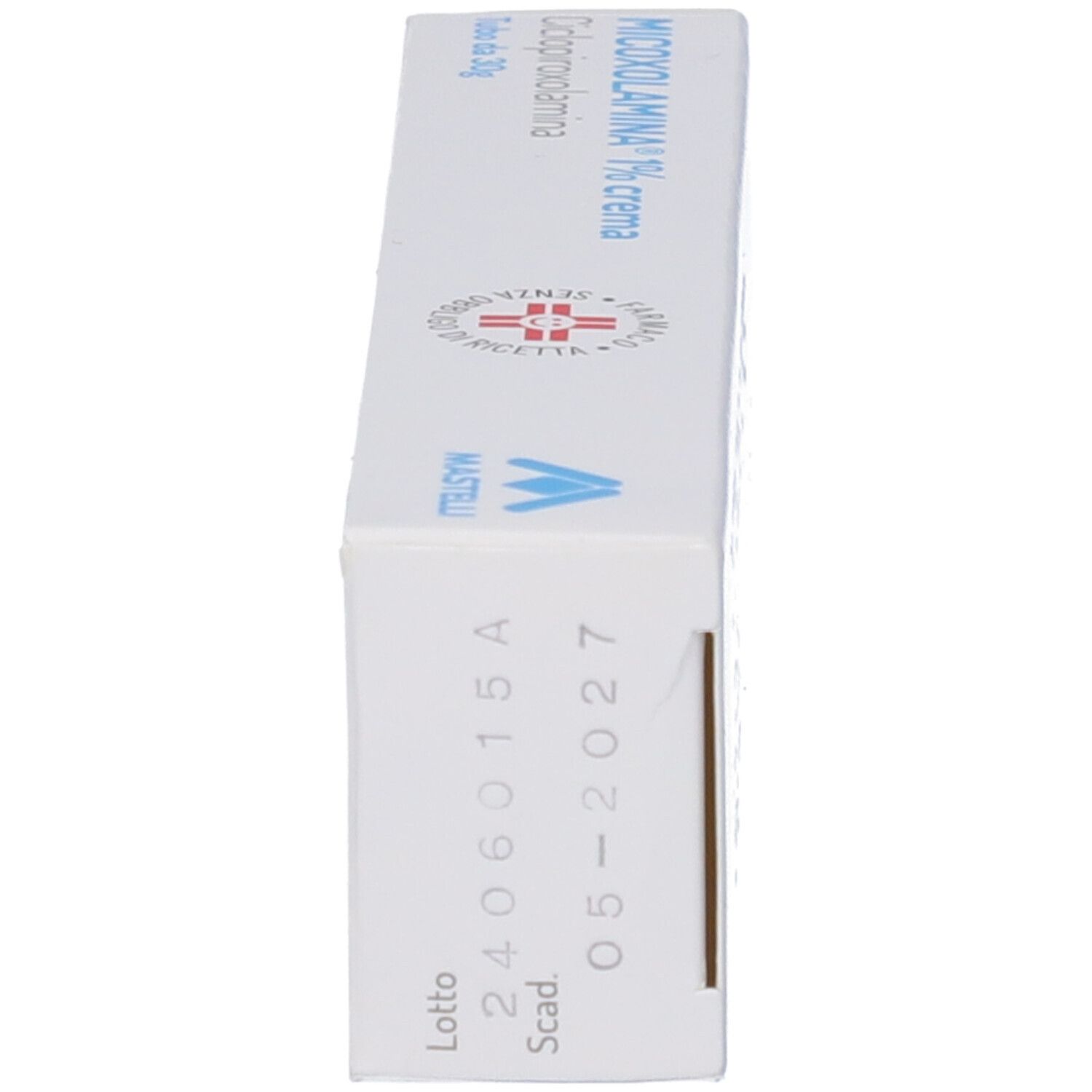 Scatola bianca, vista laterale. Scritta e data di scadenza. Logo del produttore.