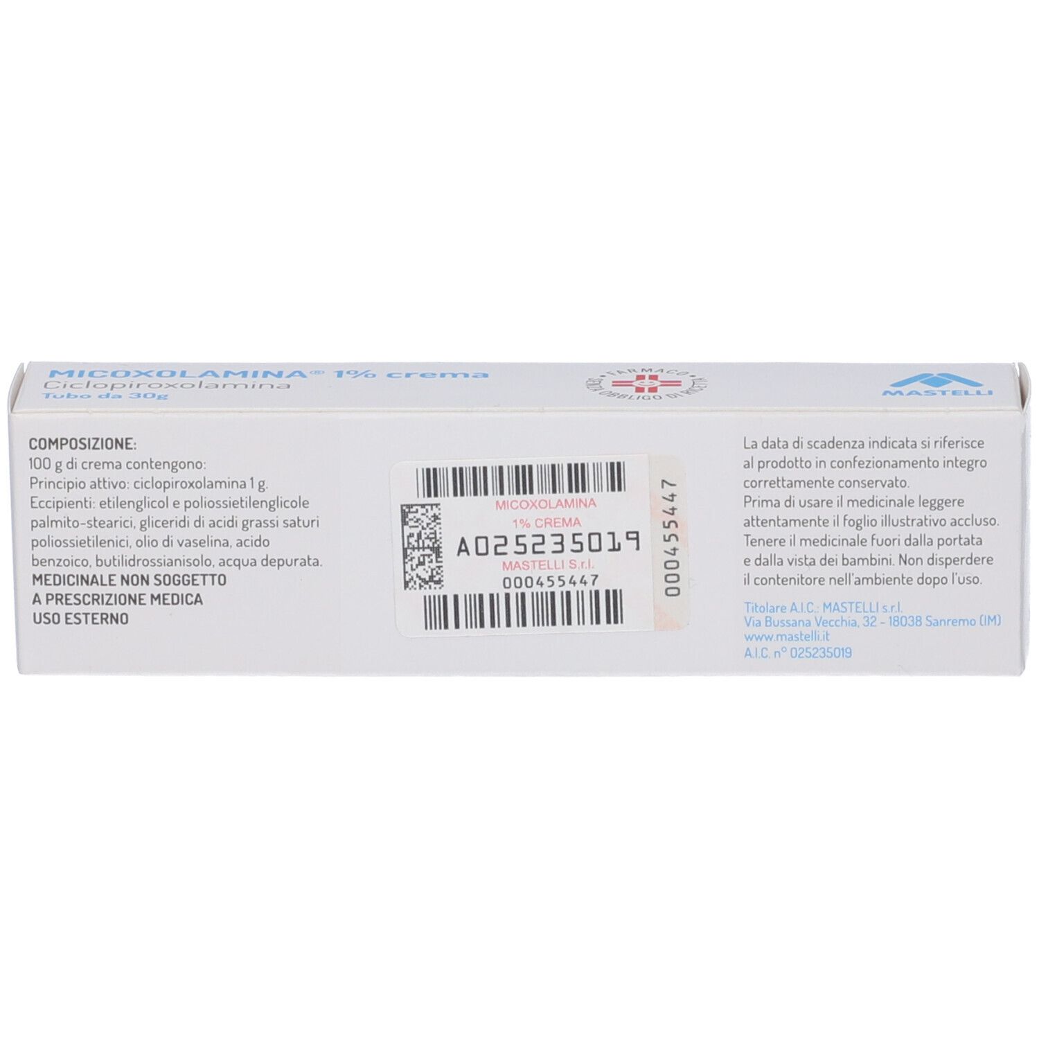 Retro della scatola. Testo, ingredienti e informazioni del produttore. Sfondo bianco.