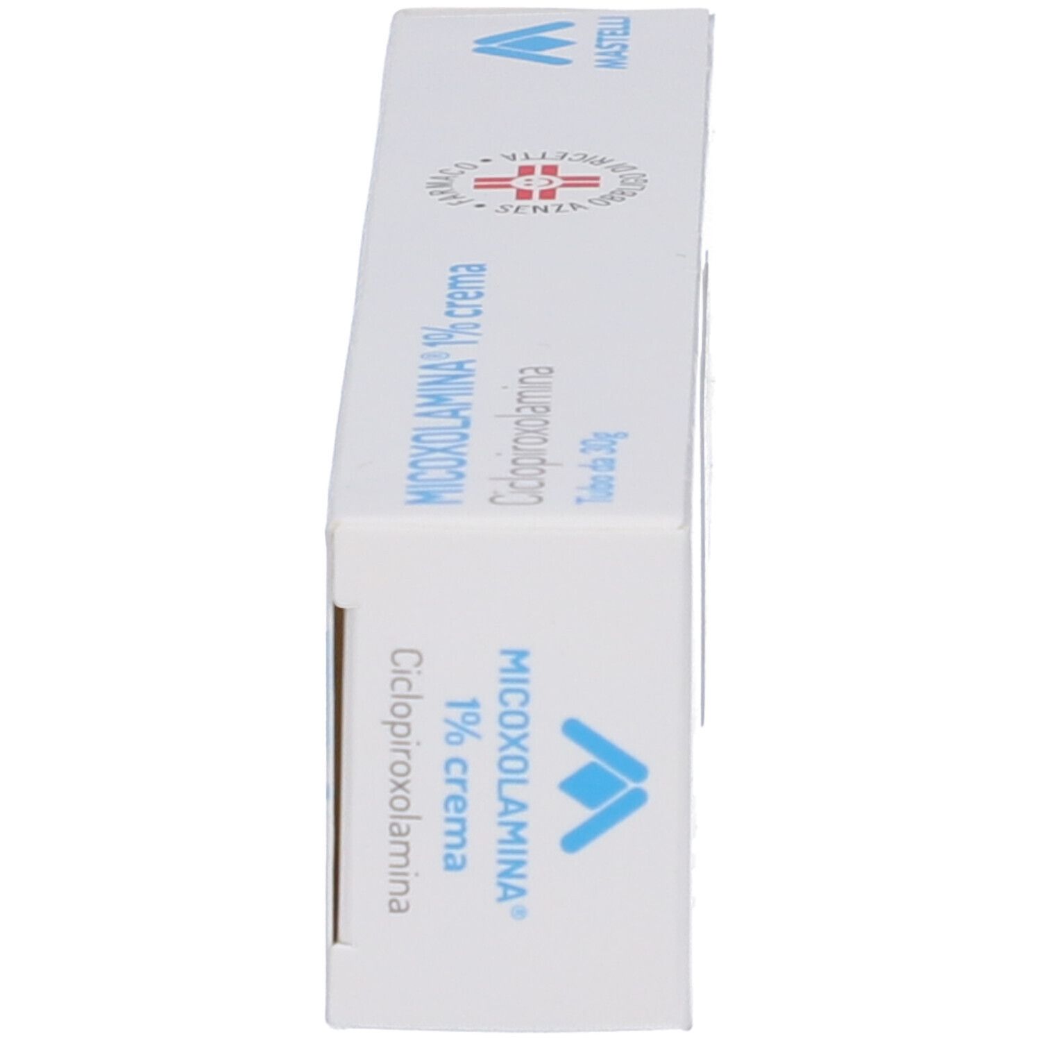 Scatola bianca, vista laterale. Scritta: MICOXOLAMINA® 1% crema, Ciclopiroxolamina. Logo del produttore.