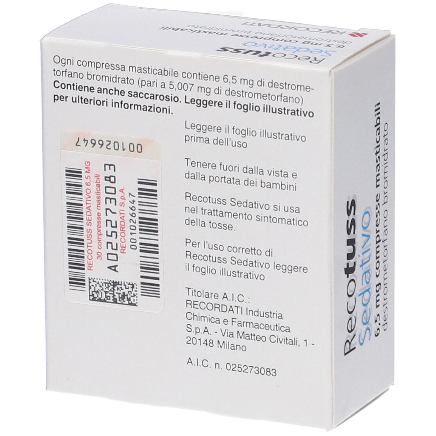 Retro della scatola bianca con testo. Codice QR e numero di lotto. Logo RECORDATI.