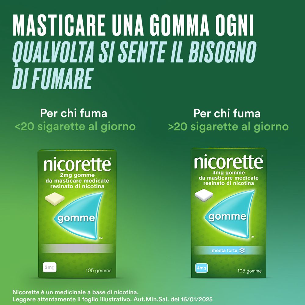 Confronto delle gomme Nicorette per fumatori. Due confezioni, una per <20 sigarette/giorno, una per >20 sigarette/giorno.