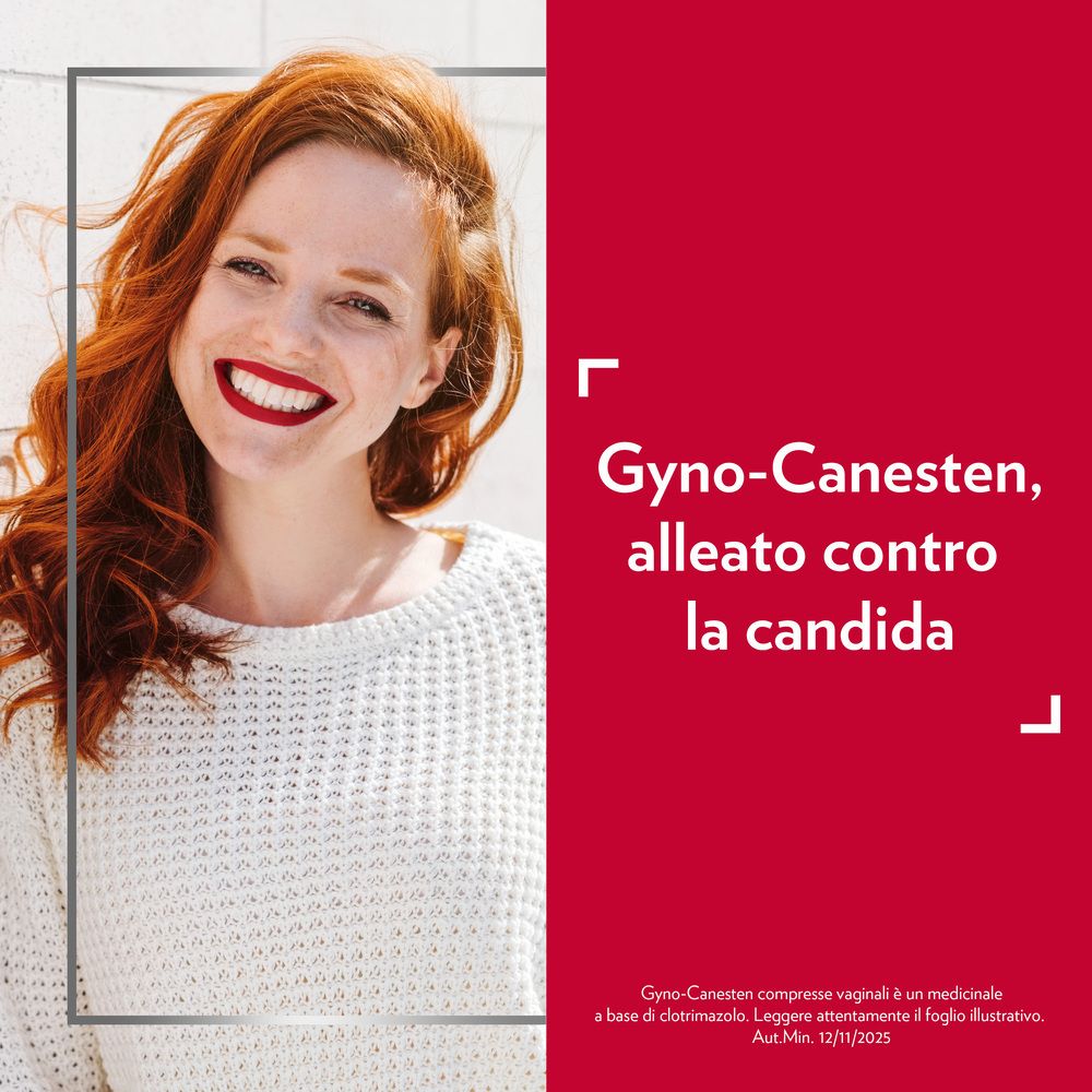 Sfondo rosso con donna sorridente e testo: Gyno-Canesten, alleato contro la Candida.