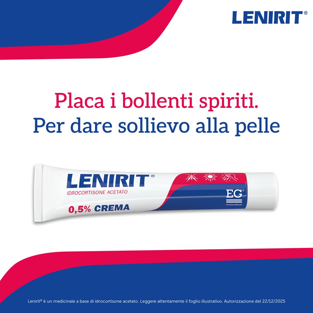 Tubo di crema LENIRIT® con testo "Placa i bollenti spiriti. Per dare sollievo alla pelle."
