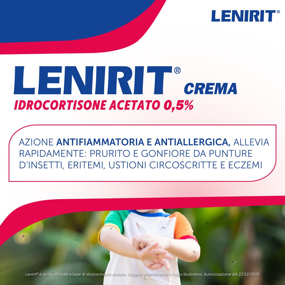 Tubo di crema LENIRIT® e testo "AZIONE ANTINFIAMMATORIA E ANTIALLERGICA..."