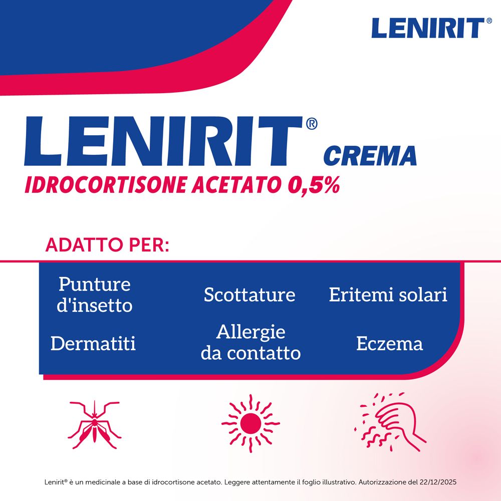 Tubo di crema LENIRIT® con testo "ADATTO PER: Punture d'insetto, Scottature, Eritemi solari..."