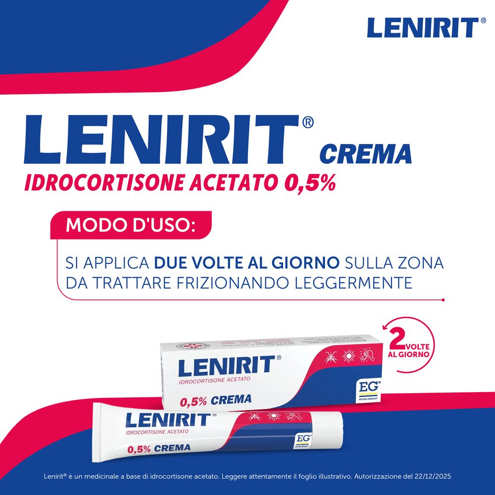 Tubo e scatola di crema LENIRIT® con testo "MODO D'USO: SI APPLICA DUE VOLTE AL GIORNO..."