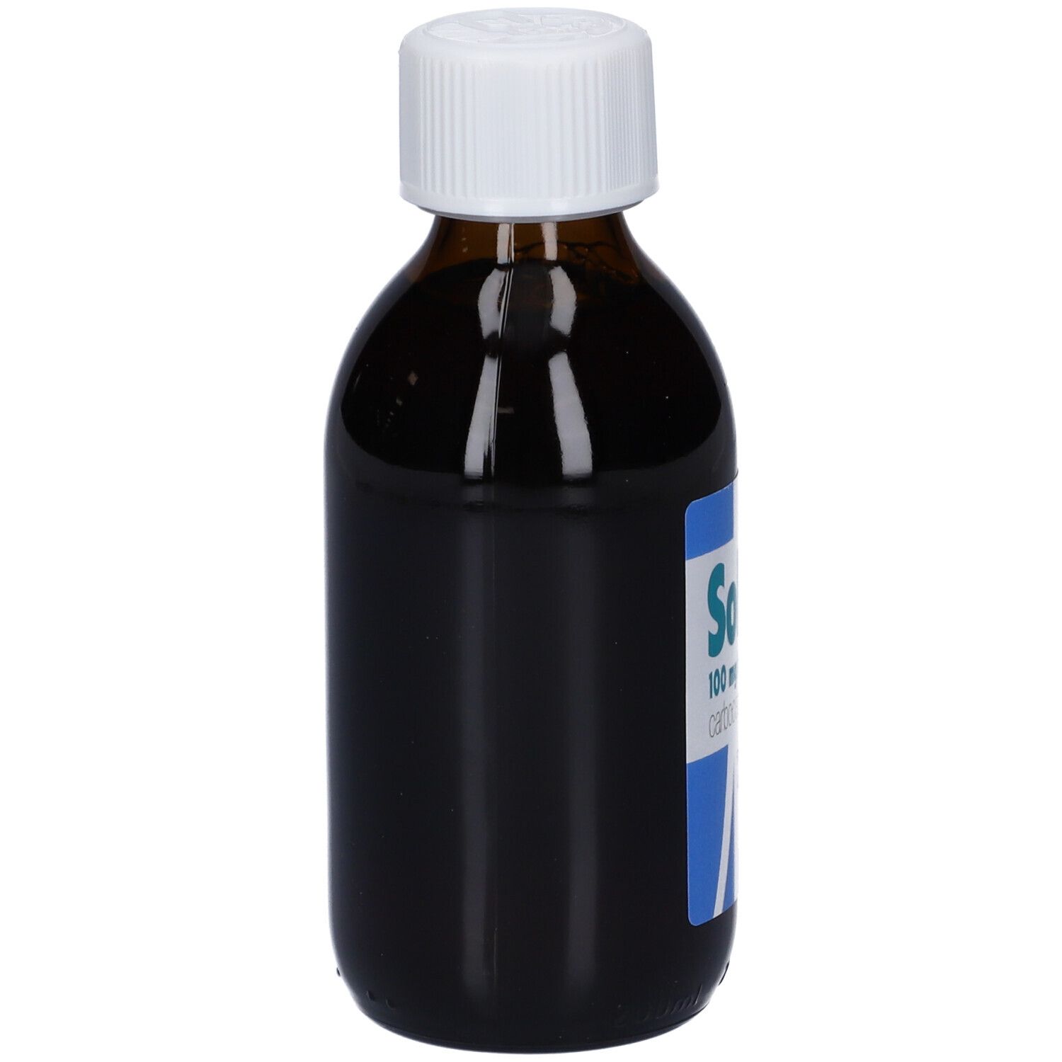 Flacone di vetro marrone con tappo bianco. Etichetta con informazioni. Scritto: Solucis 100 mg/ml - Sciroppo.
