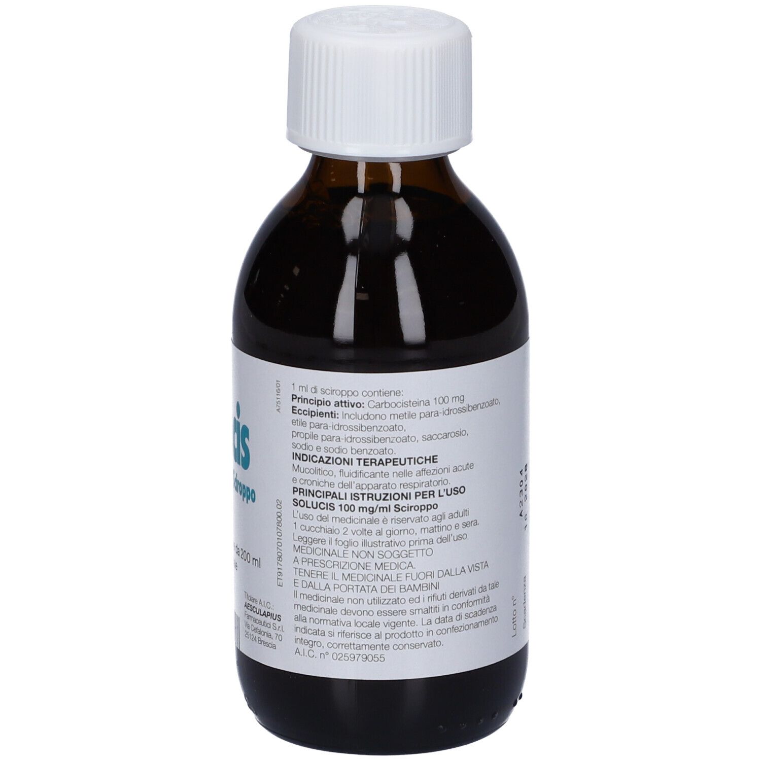 Flacone di vetro marrone con tappo bianco. Etichetta con informazioni. Scritto: Solucis 100 mg/ml - Sciroppo.
