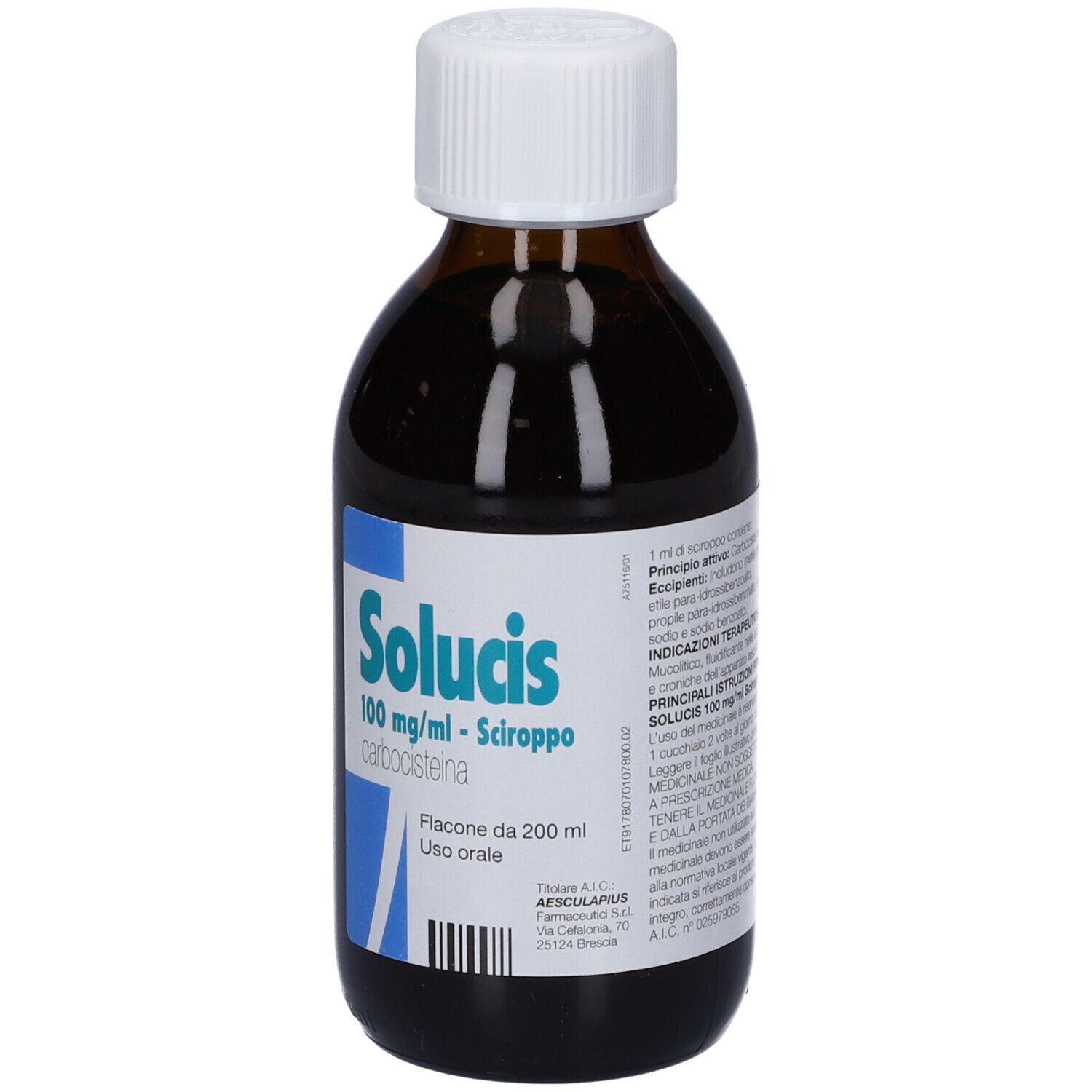 Flacone di vetro marrone con tappo bianco. Scritto: Solucis 100 mg/ml - Sciroppo. Etichetta con informazioni.