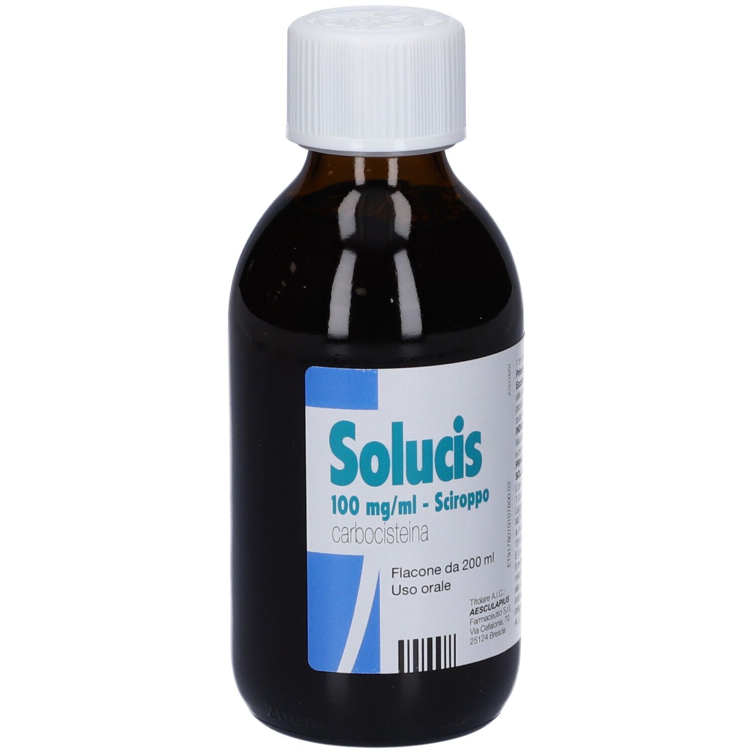 Flacone di vetro marrone con tappo bianco. Scritto: Solucis 100 mg/ml - Sciroppo. Etichetta con informazioni.