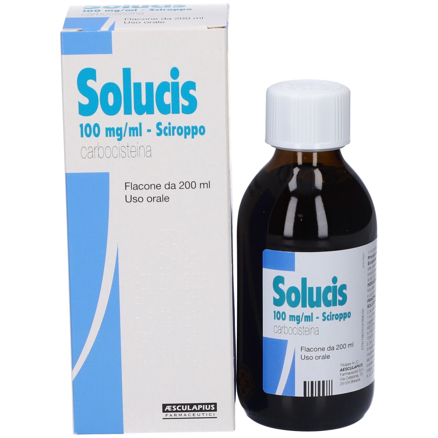 Scatola e flacone. Scritto: Solucis 100 mg/ml - Sciroppo. Flacone marrone, tappo bianco. Scatola bianca e blu.