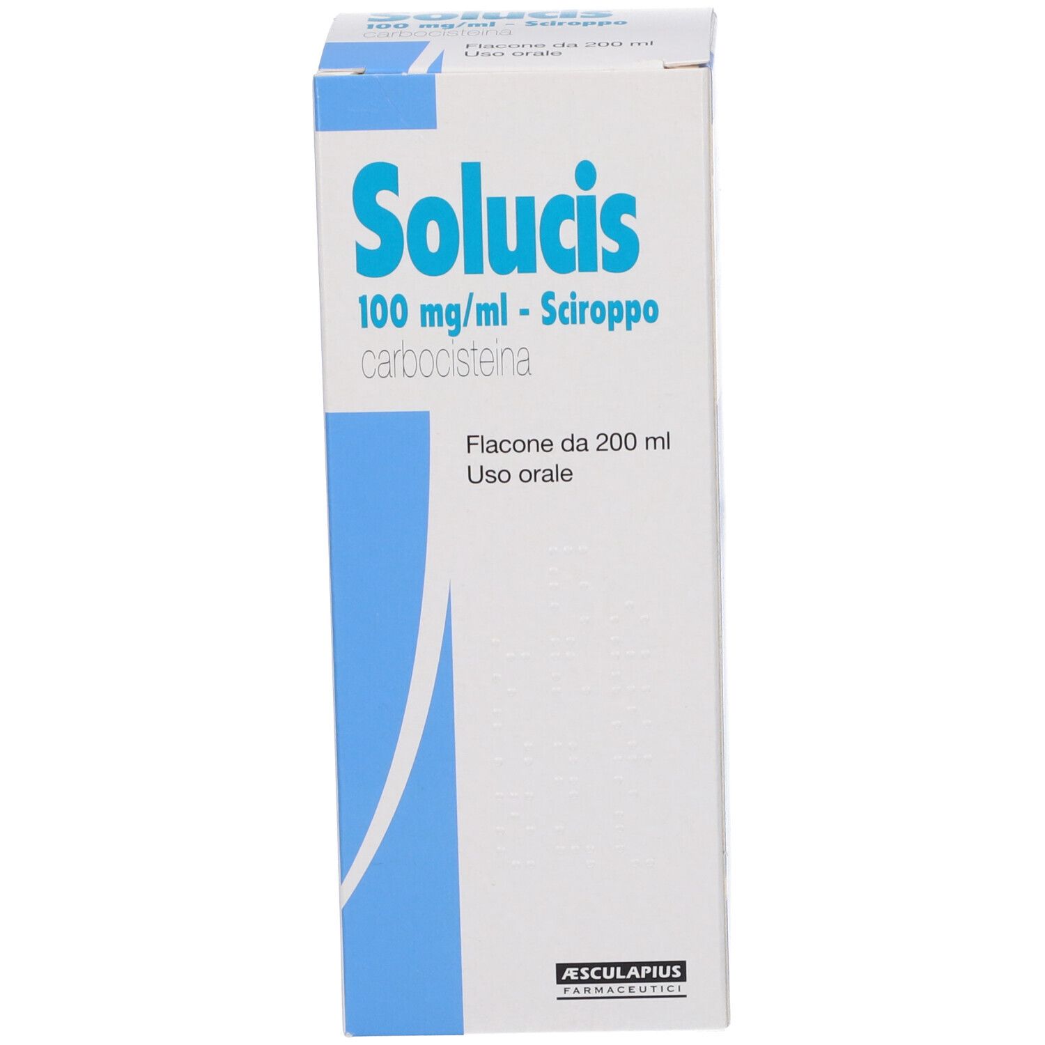 Scatola bianca con dettagli blu. Scritto: Solucis 100 mg/ml - Sciroppo. Produttore: Aesculapius.