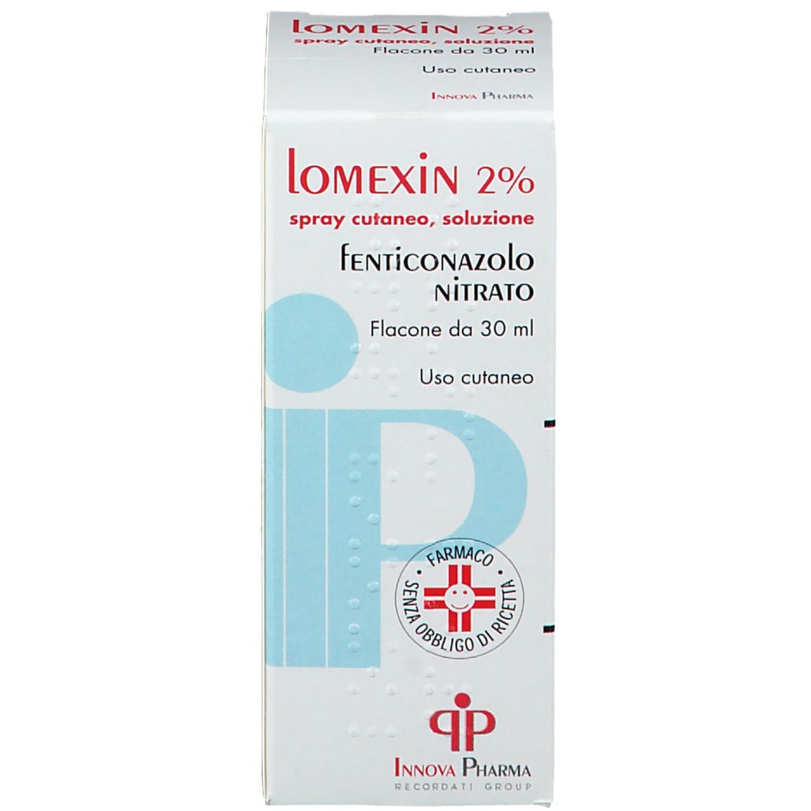 Confezione del prodotto. Bianca con nome del prodotto e logo. Logo Innova Pharma. Simbolo farmacia.