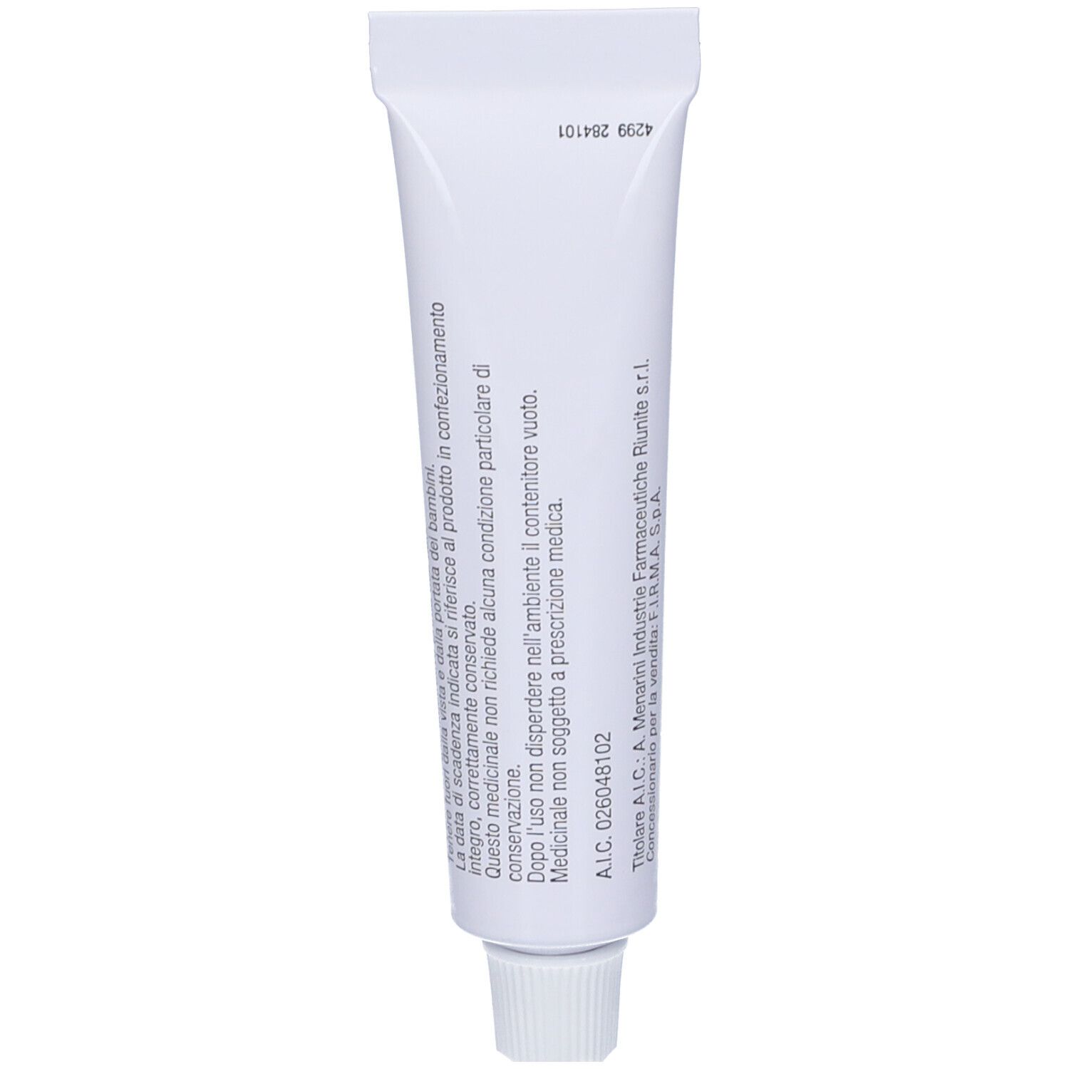 Retro del tubo bianco. Testo. Scritto: Azolmen 1% gel. Ingredienti e informazioni del produttore.