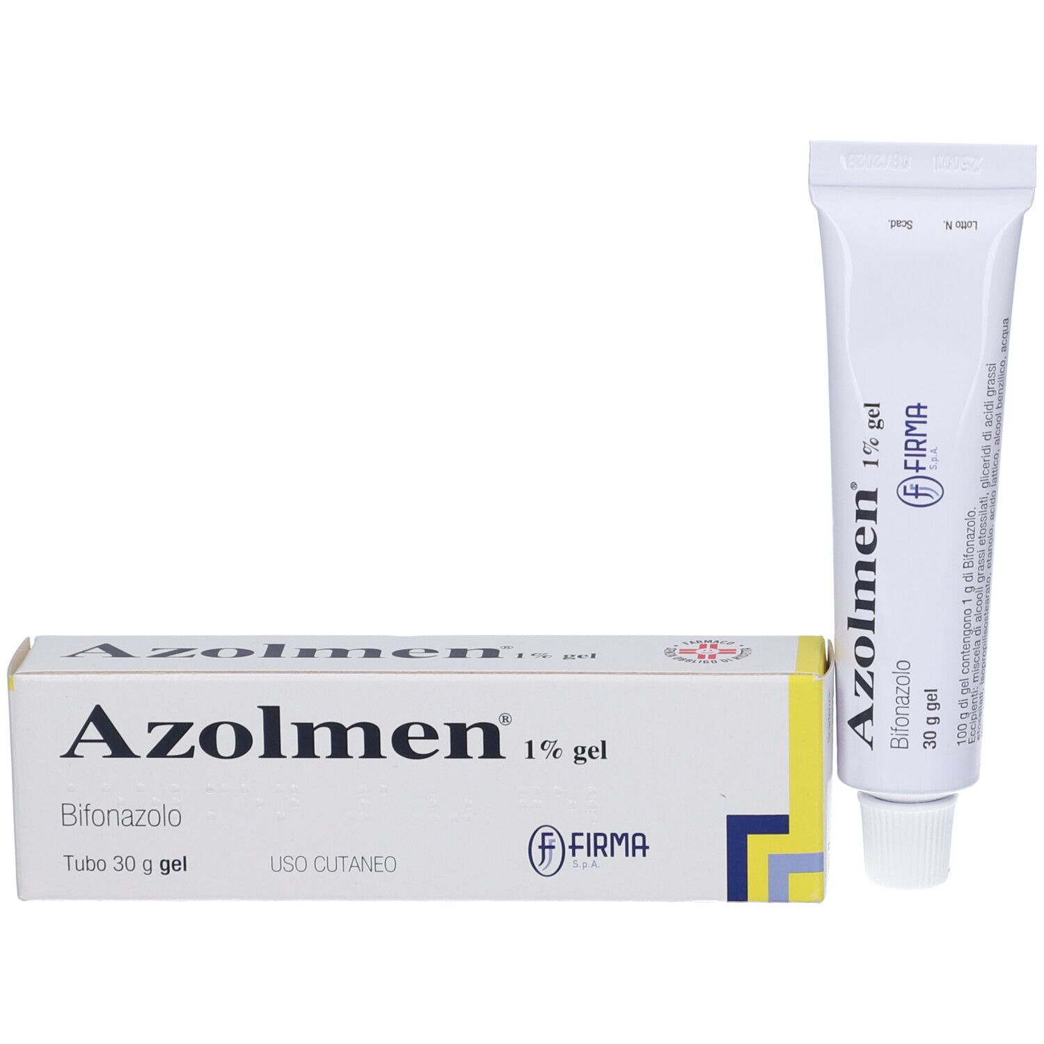 Tubo bianco e confezione gialla. Scritto: Azolmen 1% gel, Bifonazolo, 30 g gel. Logo.