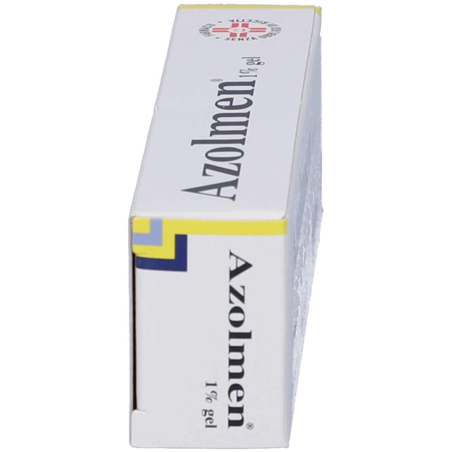 Confezione di gel gialla con testo bianco. Scritto: Azolmen 1% gel. Logo.