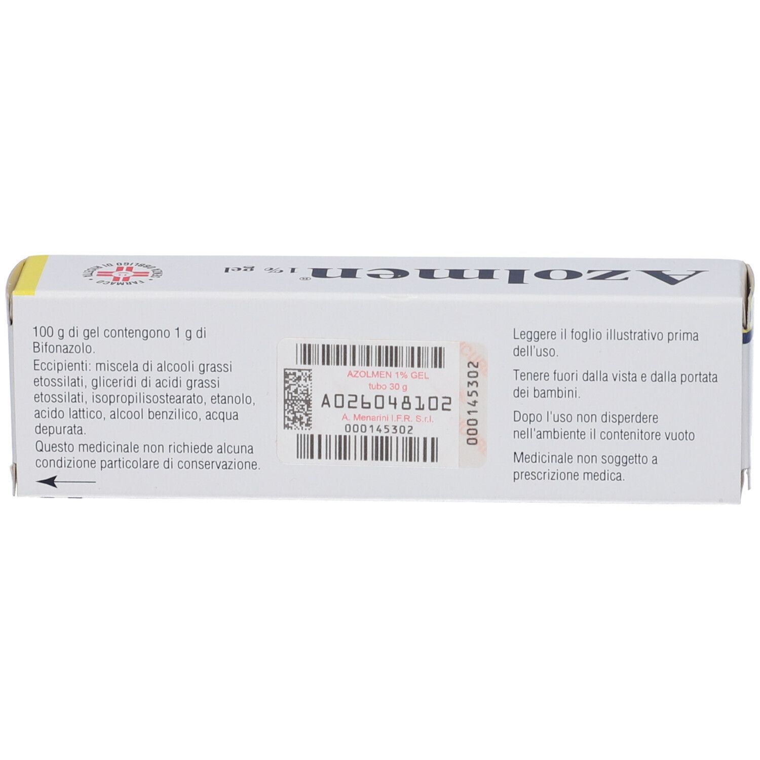 Retro della confezione gialla. Testo. Scritto: Azolmen 1% gel. Ingredienti e informazioni del produttore.