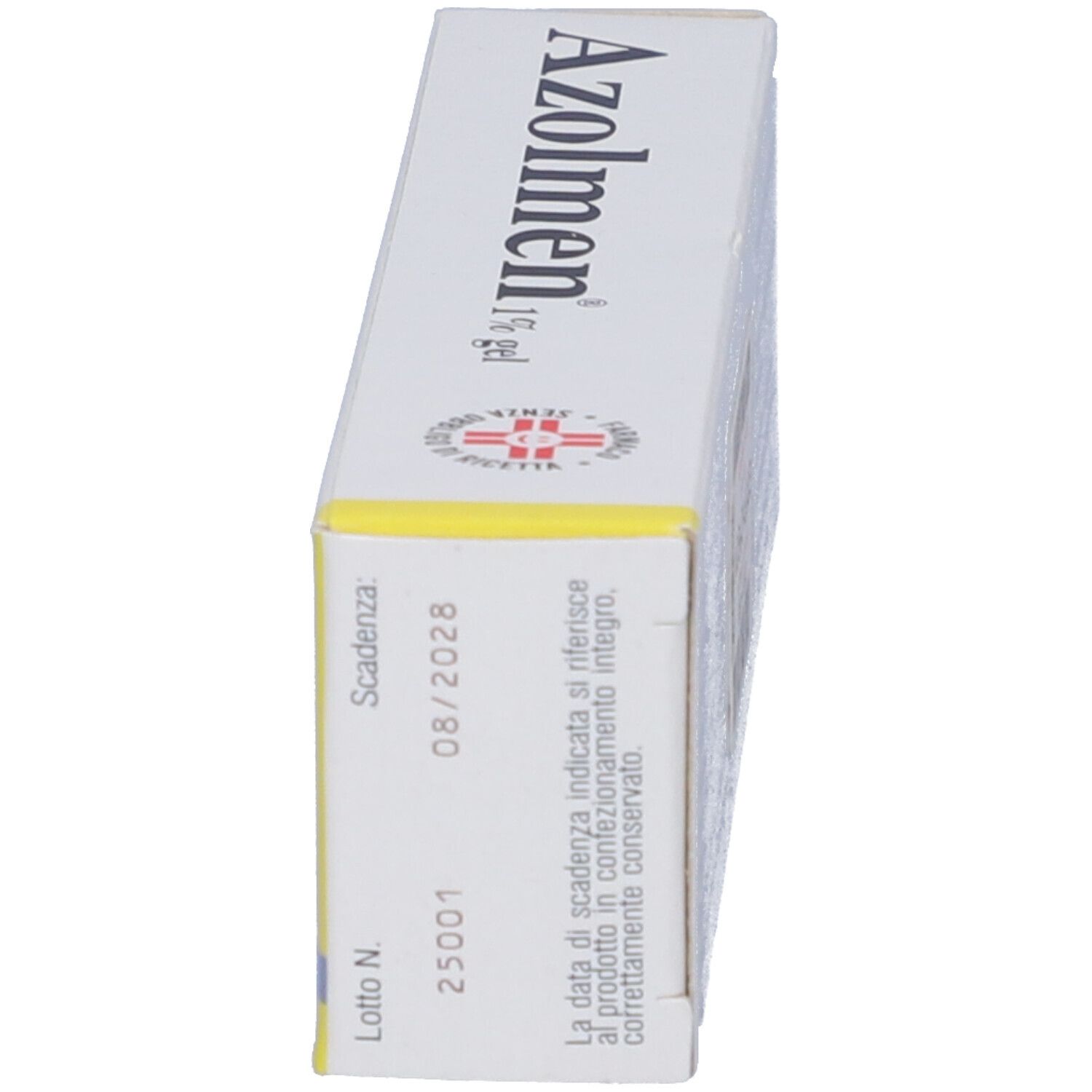Confezione di gel gialla. Scritto: Azolmen 1% gel. Testo e data. Freccia che indica la direzione.