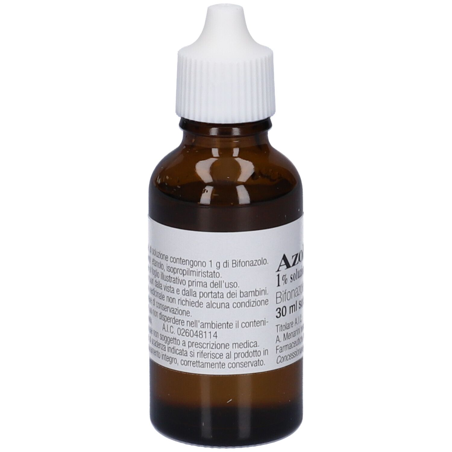 Flacone di vetro marrone con tappo bianco. Scritto: Azolmen 1% soluzione cutanea, Bifonazolo. 30 ml soluzione.